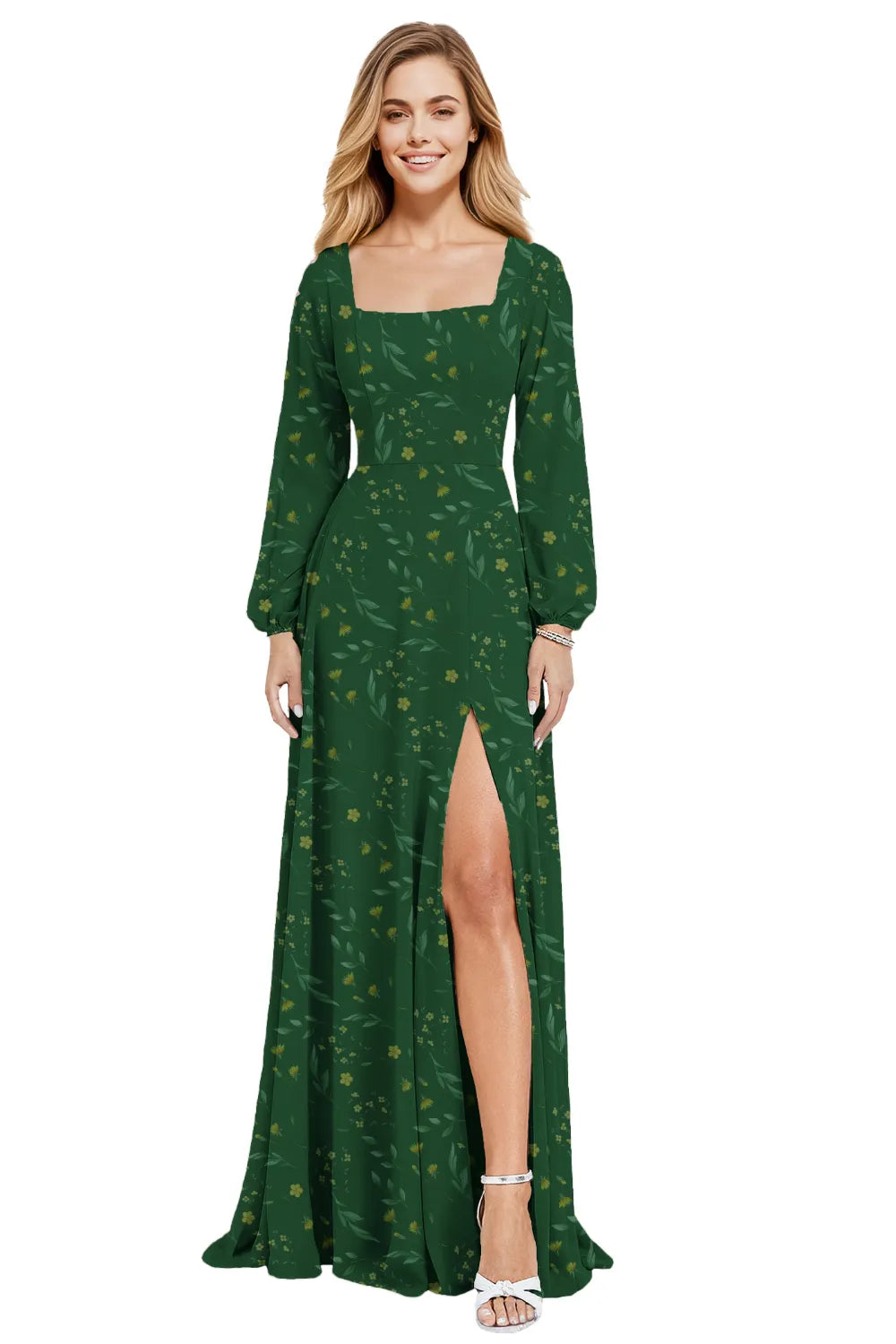 Floral Chiffon Maxi Evening Dress with Square Neckline