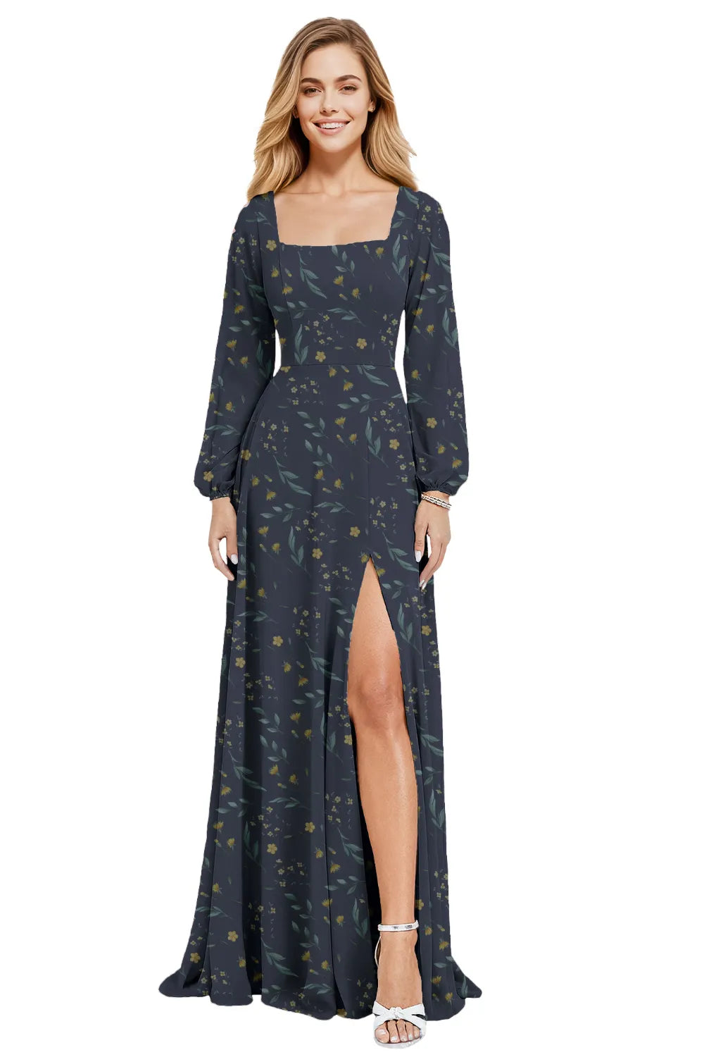 Floral Chiffon Maxi Evening Dress with Square Neckline