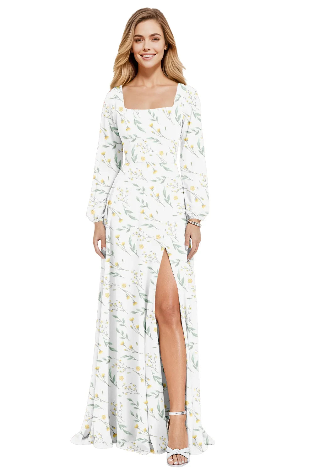 Floral Chiffon Maxi Evening Dress with Square Neckline