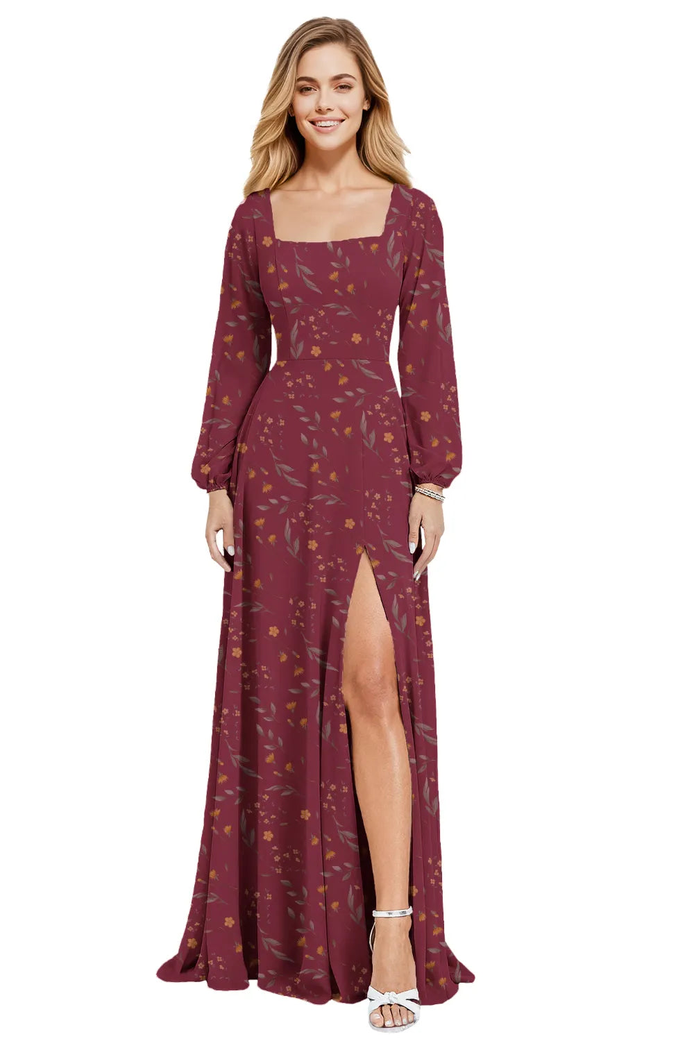 Floral Chiffon Maxi Evening Dress with Square Neckline