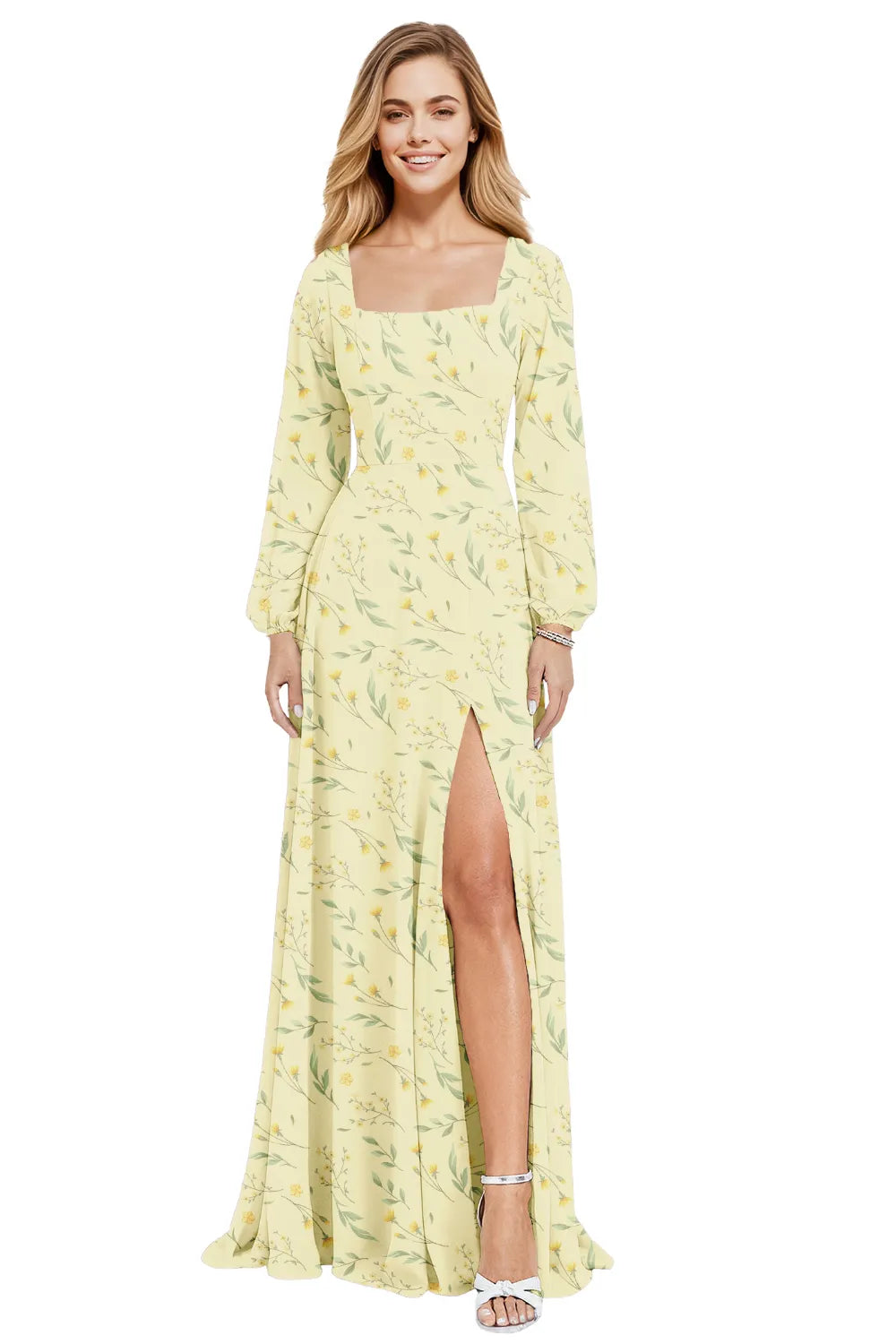 Floral Chiffon Maxi Evening Dress with Square Neckline