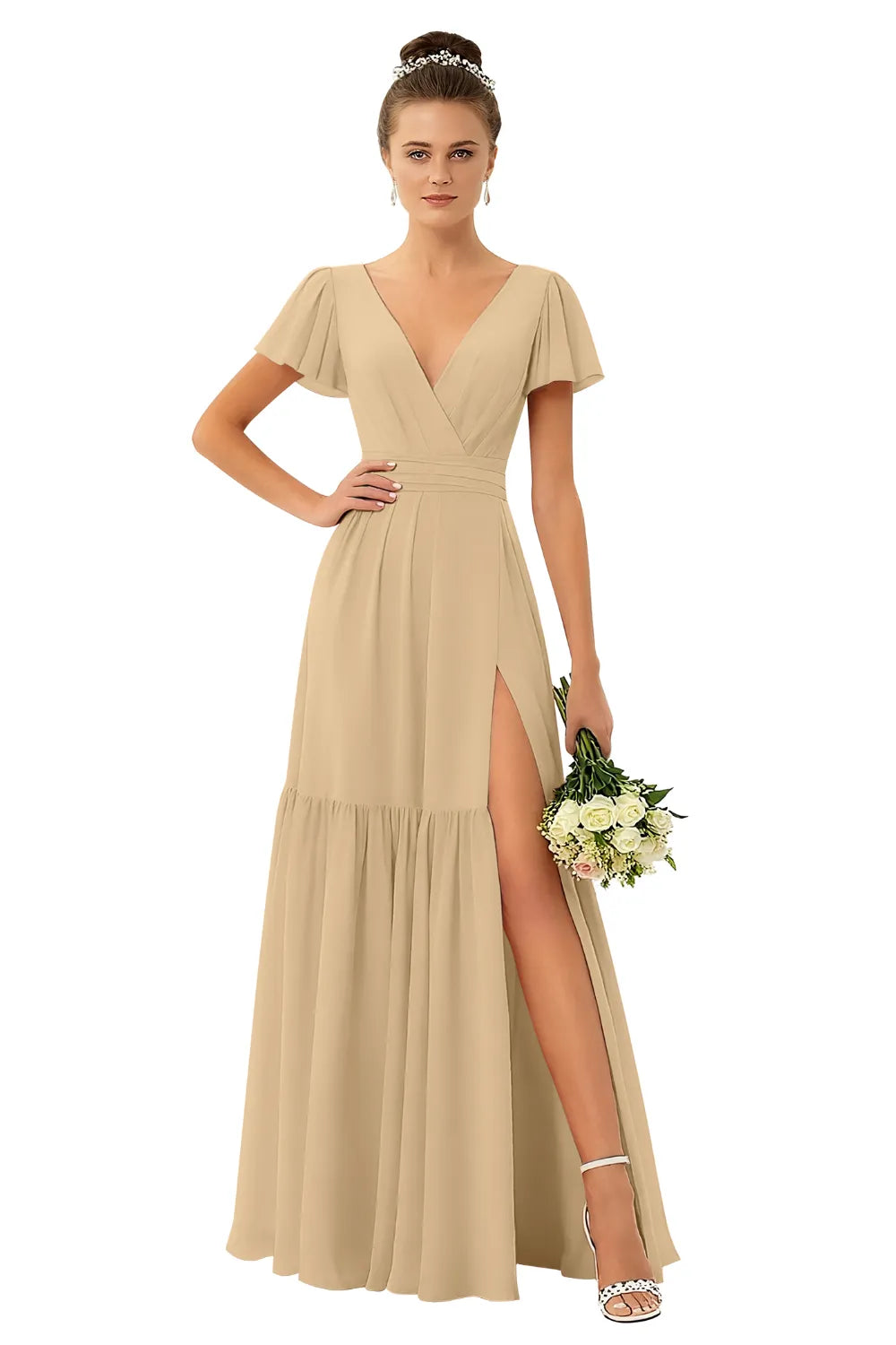 Flowy V-Neck Chiffon Formal Maxi Dress