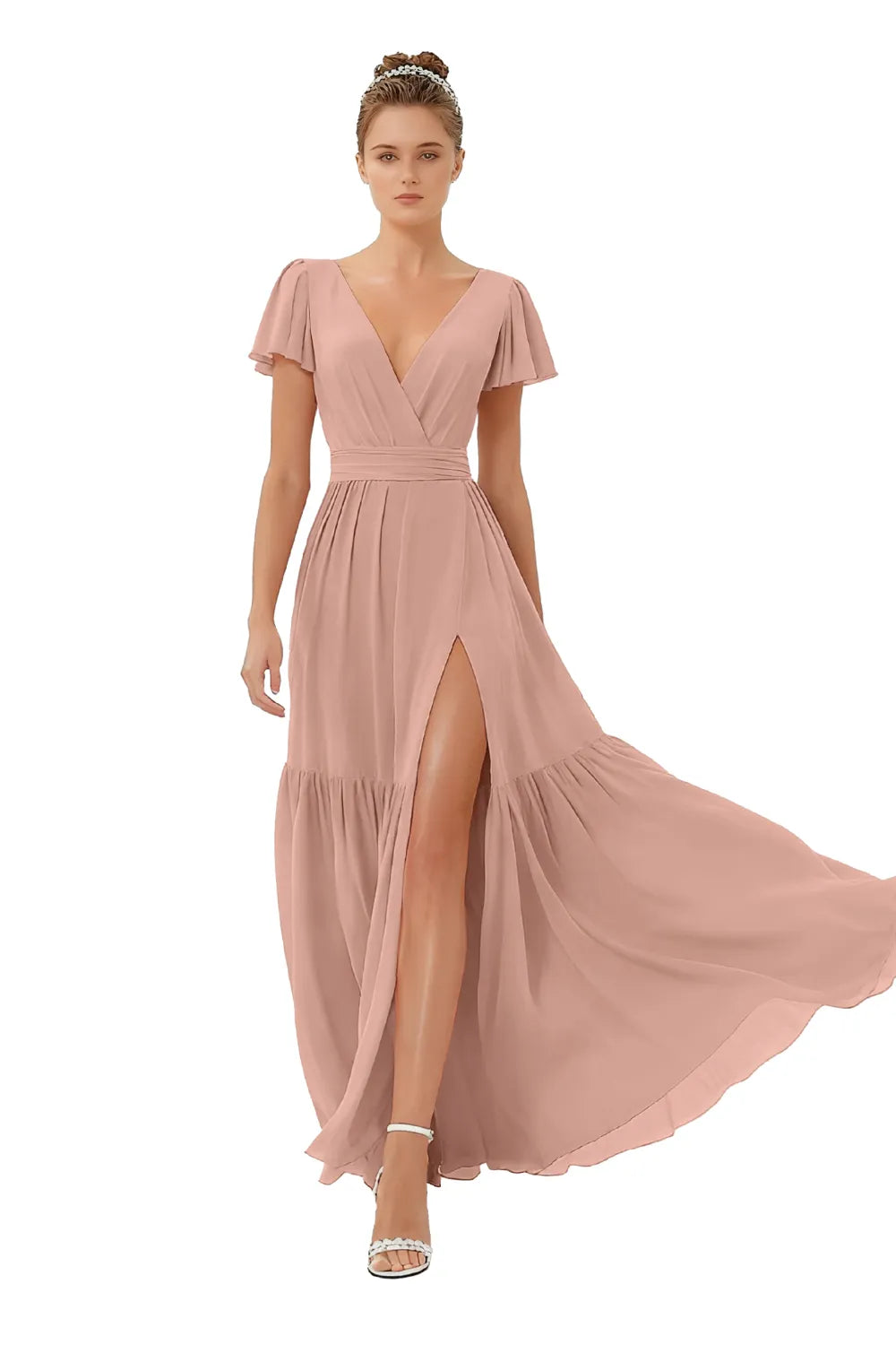 Flowy V-Neck Chiffon Formal Maxi Dress