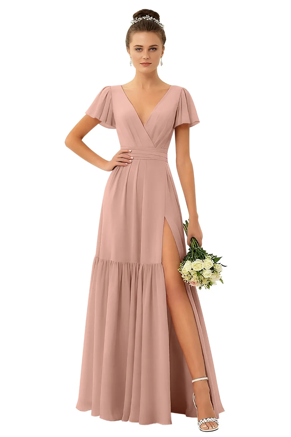Flowy V-Neck Chiffon Formal Maxi Dress