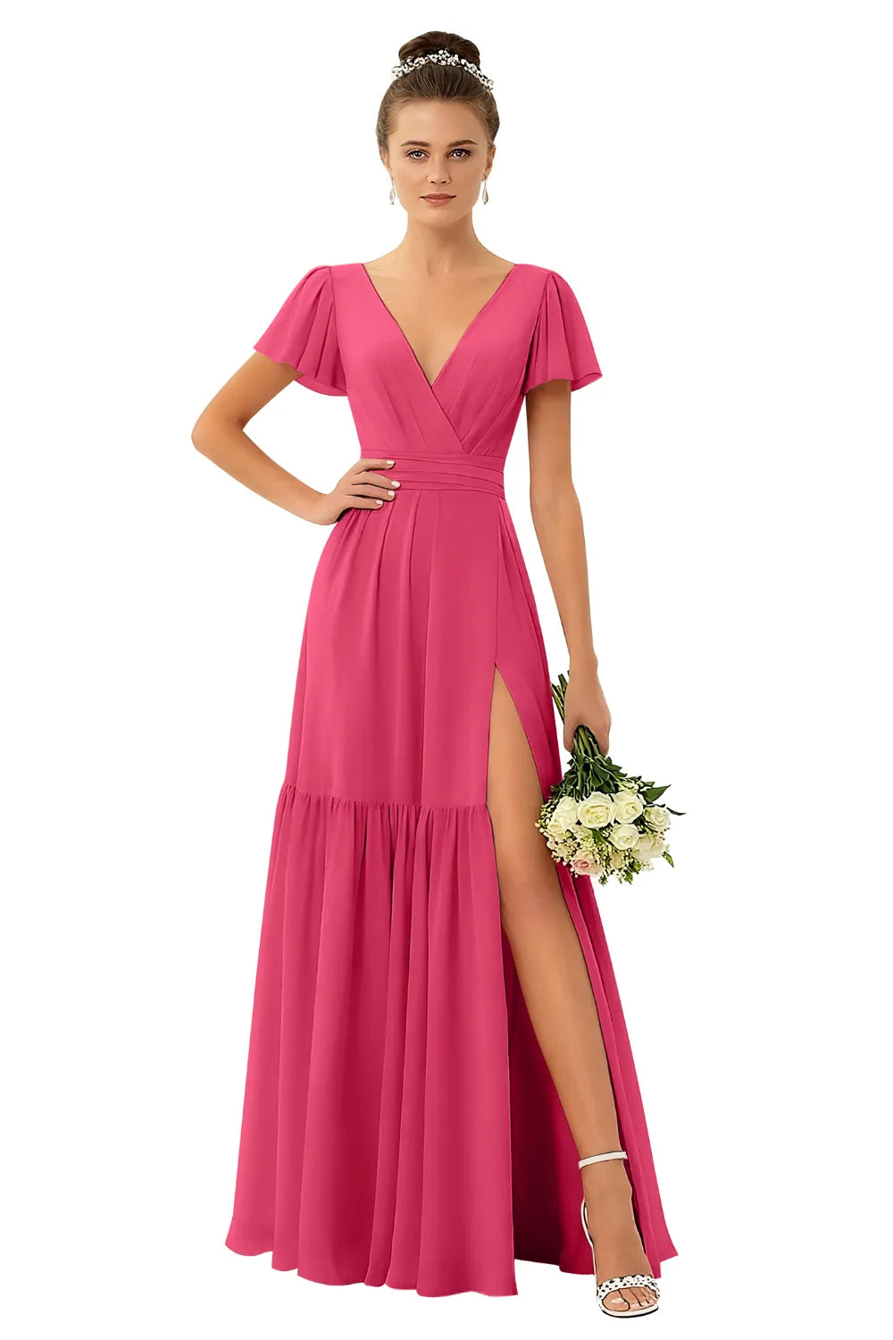 Flowy V-Neck Chiffon Formal Maxi Dress