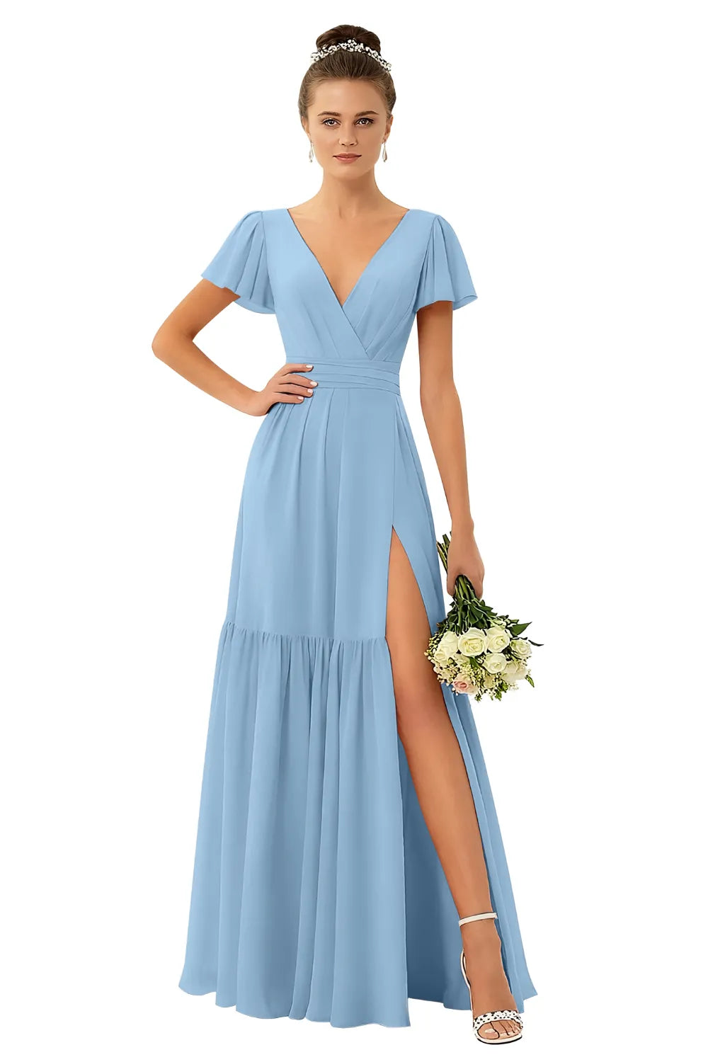 Flowy V-Neck Chiffon Formal Maxi Dress