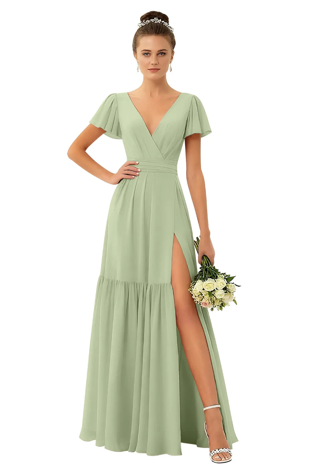 Flowy V-Neck Chiffon Formal Maxi Dress