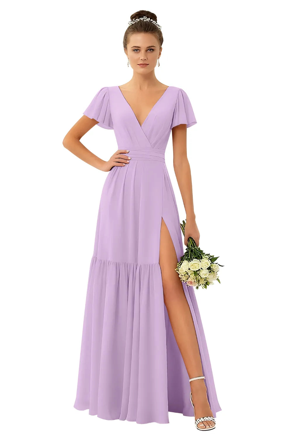 Flowy V-Neck Chiffon Formal Maxi Dress