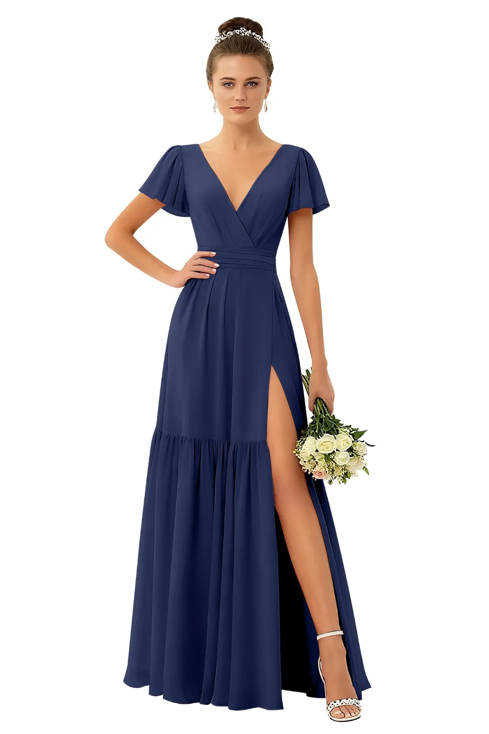 Flowy V-Neck Chiffon Formal Maxi Dress