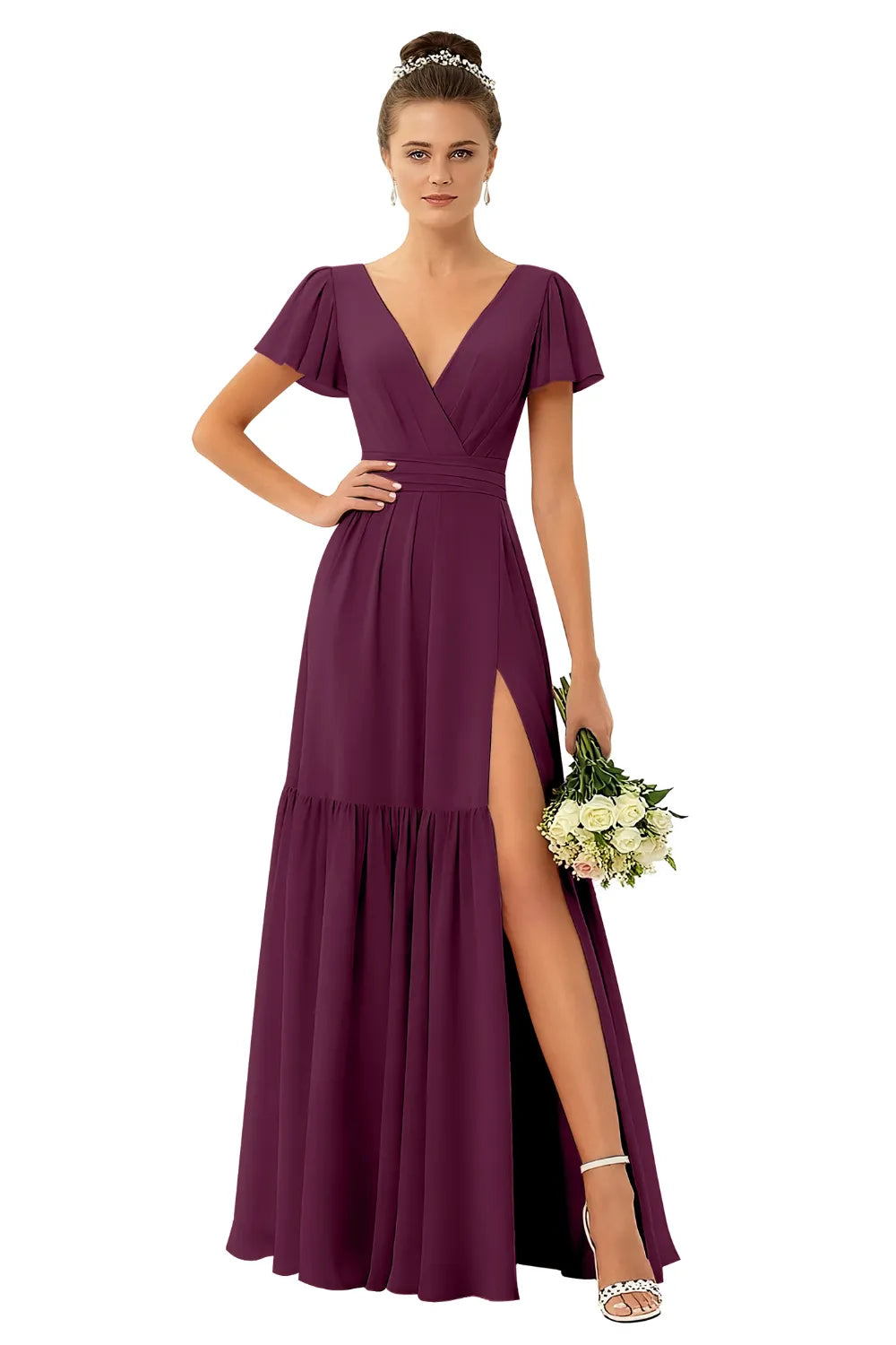 Flowy V-Neck Chiffon Formal Maxi Dress