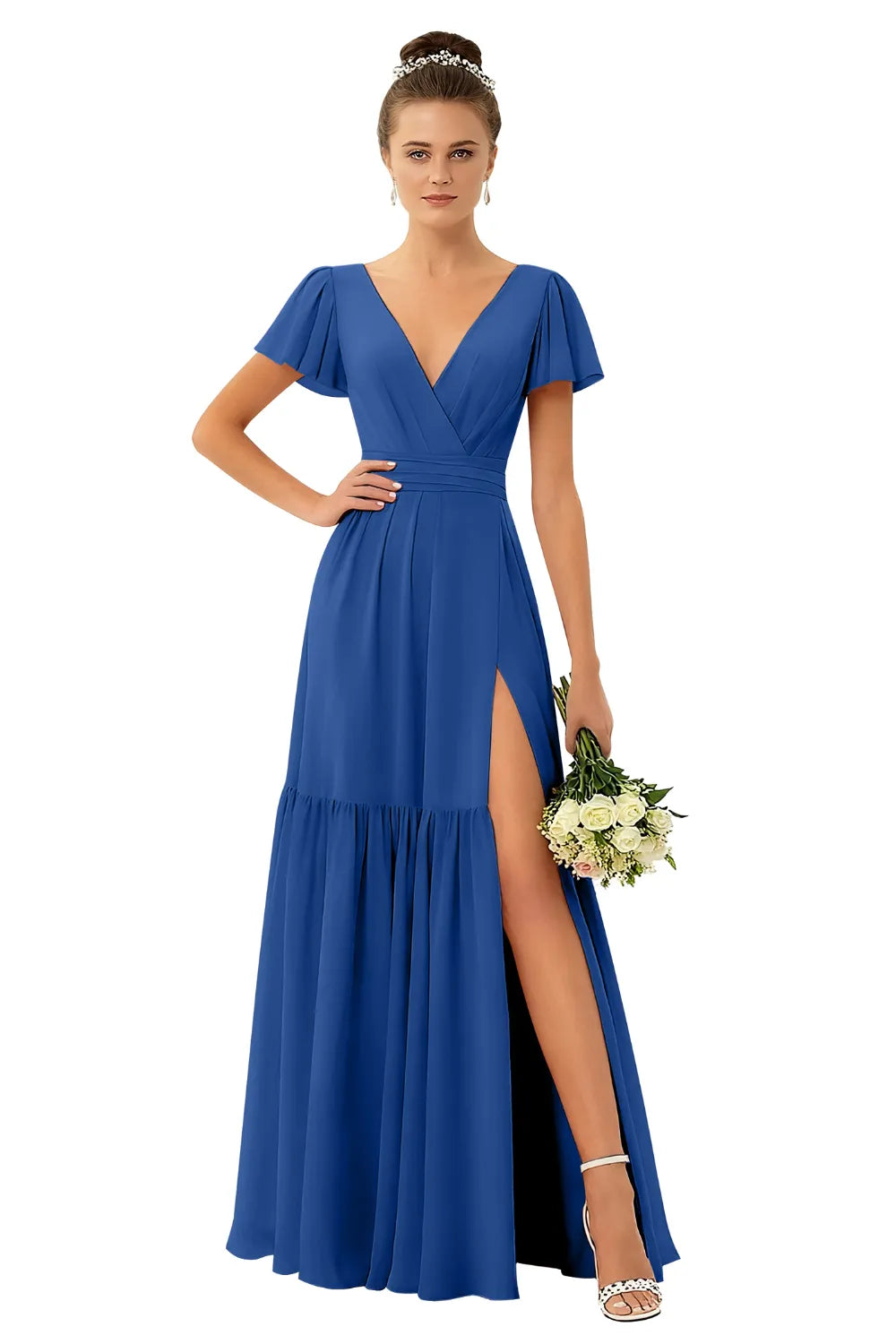 Flowy V-Neck Chiffon Formal Maxi Dress