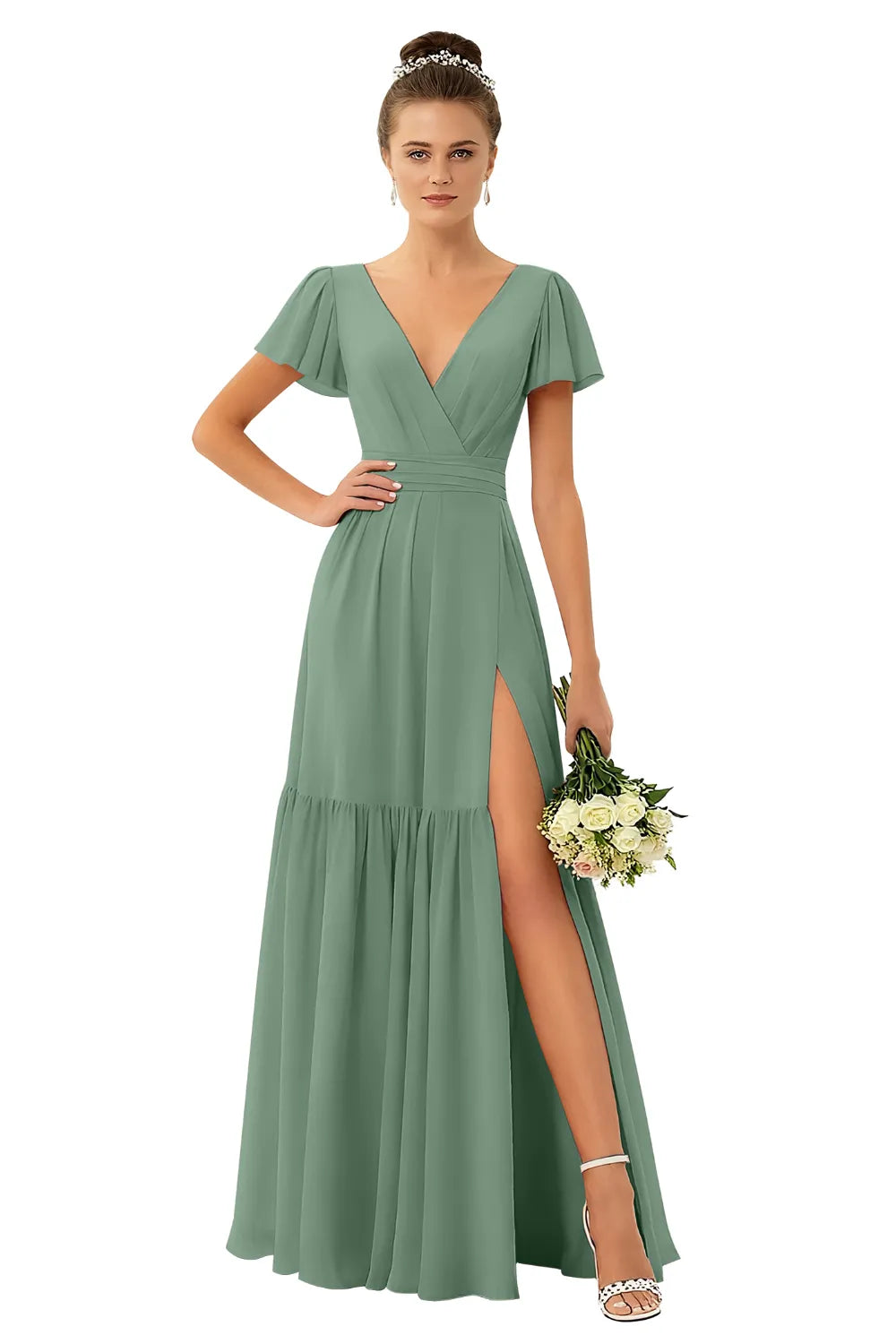Flowy V-Neck Chiffon Formal Maxi Dress