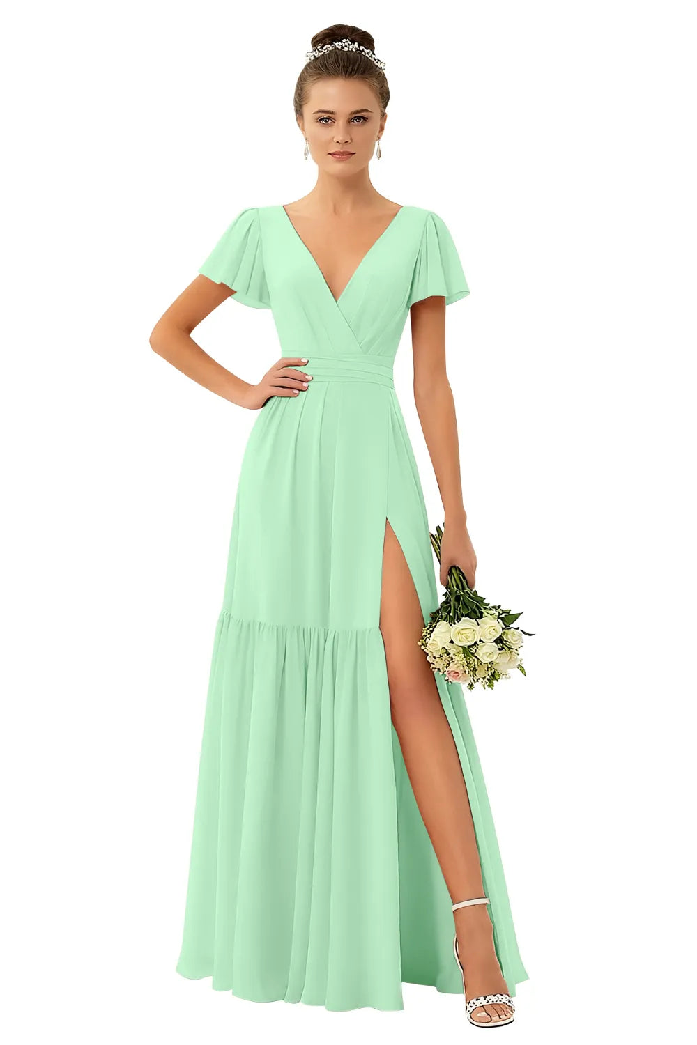 Flowy V-Neck Chiffon Formal Maxi Dress