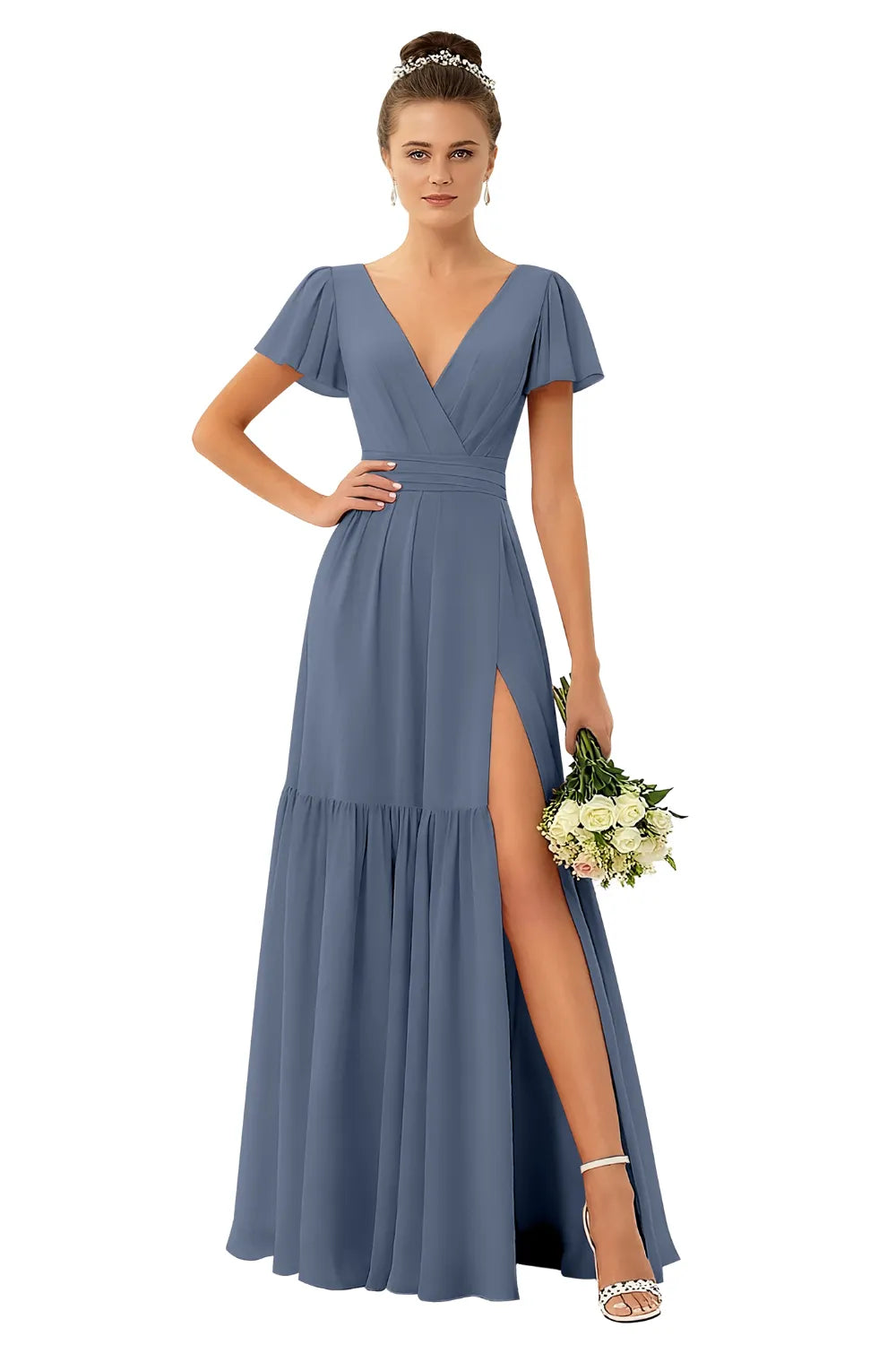 Flowy V-Neck Chiffon Formal Maxi Dress
