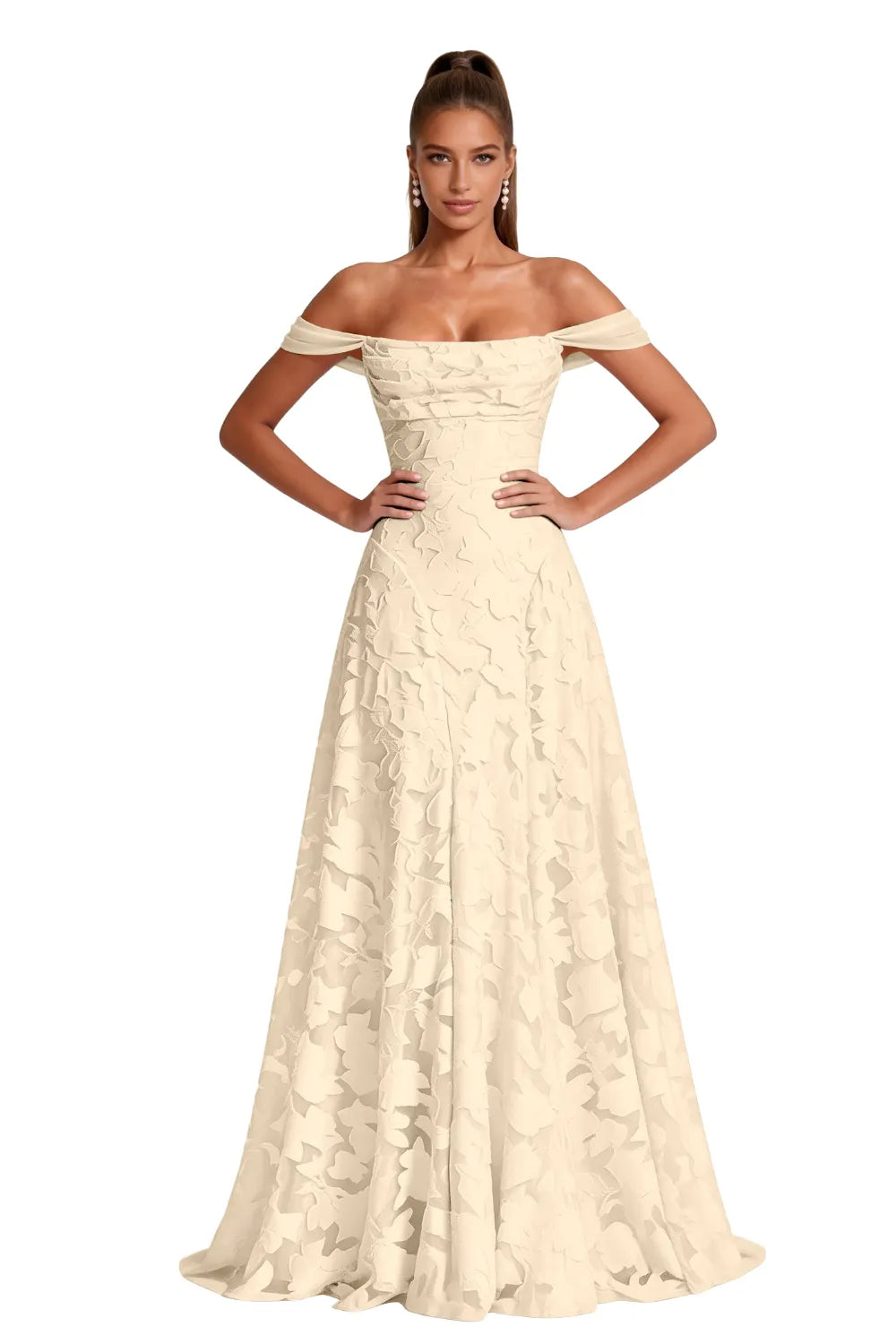 Aurora Off Shoulder Jacquard A-Line Evening Gown