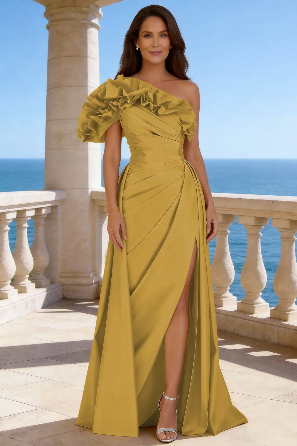 Luxury One Shoulder Ruffle Satin Evening Gown with High Slit