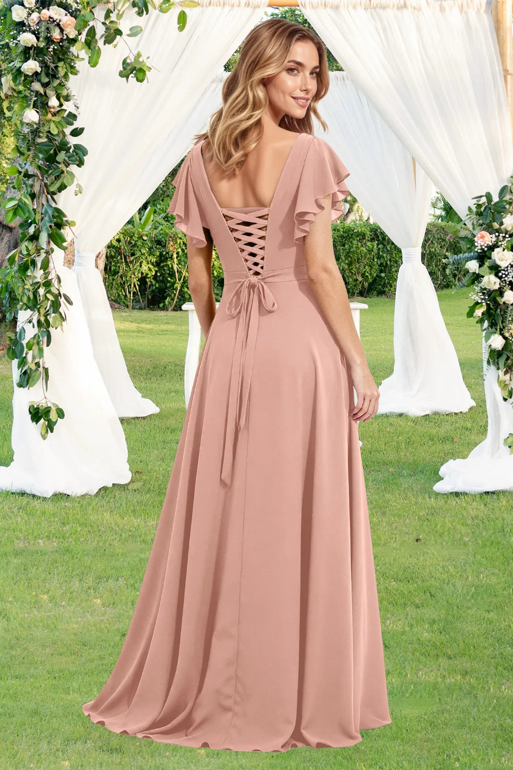 Ruffle Sleeve Lace-Up Back Maxi Dress for Garden Weddings