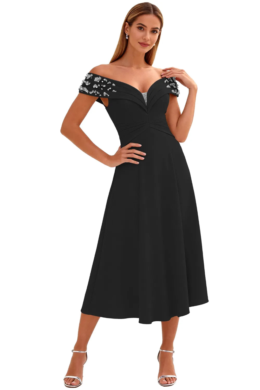 Embellished V-Neck Tea-Length Evening Party Gown