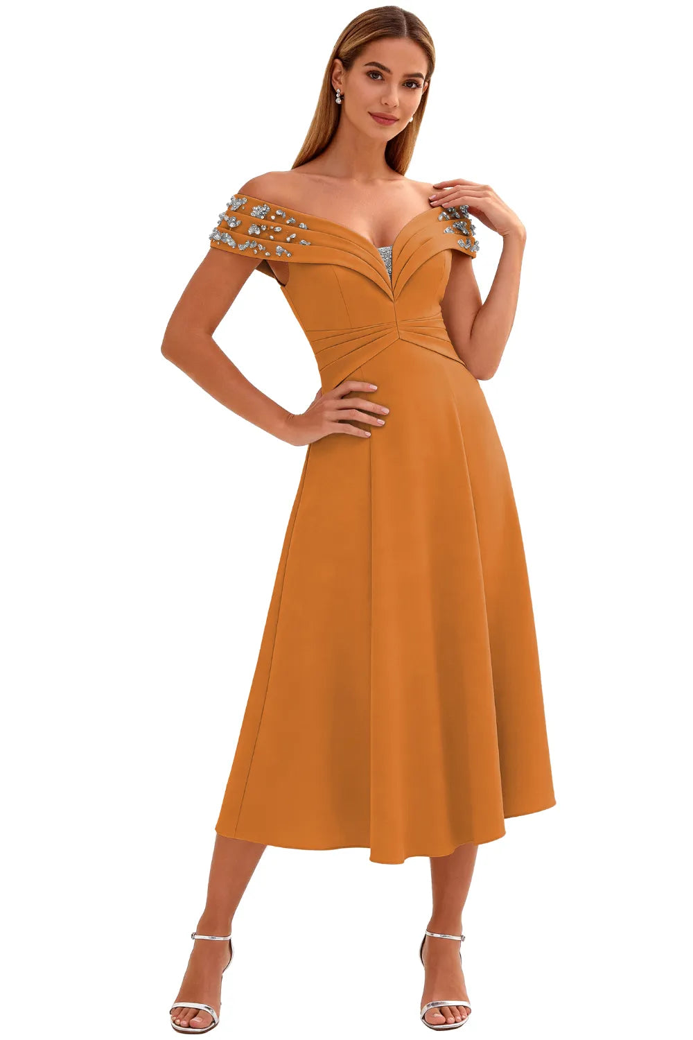 Embellished V-Neck Tea-Length Evening Party Gown