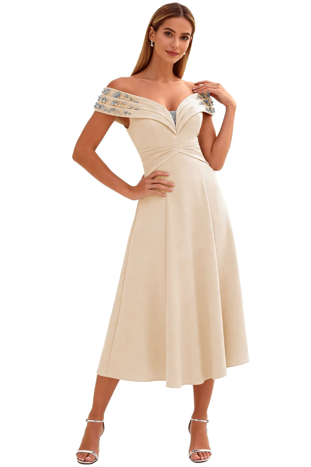 Embellished V-Neck Tea-Length Evening Party Gown