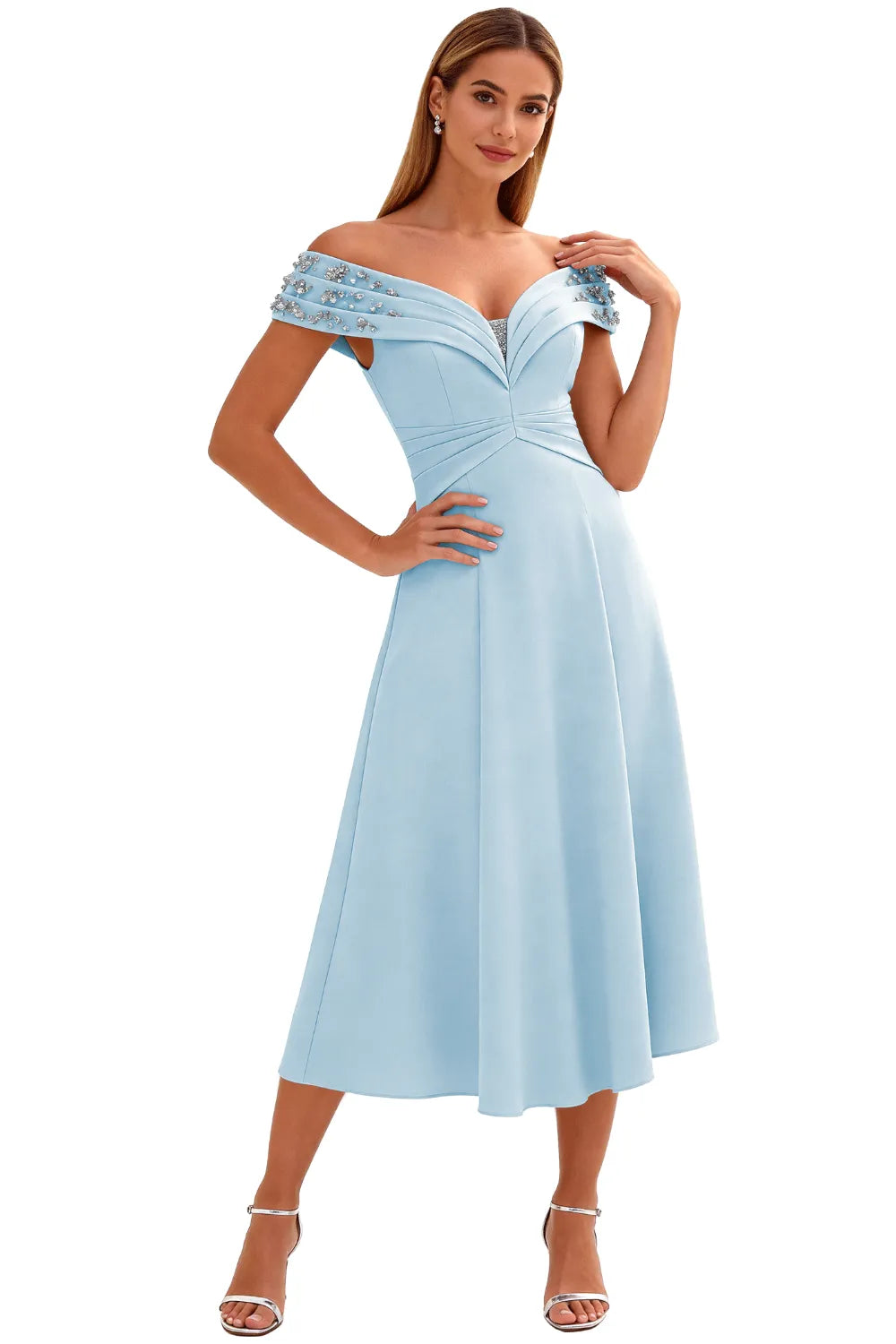 Embellished V-Neck Tea-Length Evening Party Gown