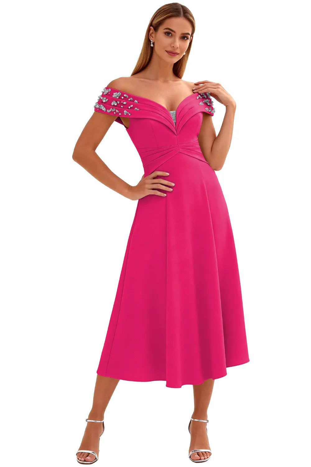 Embellished V-Neck Tea-Length Evening Party Gown