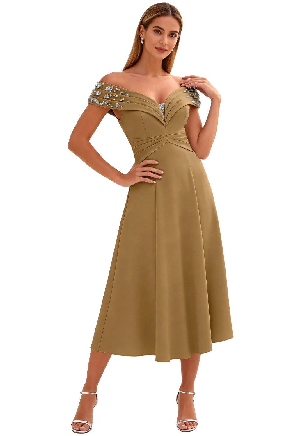 Embellished V-Neck Tea-Length Evening Party Gown