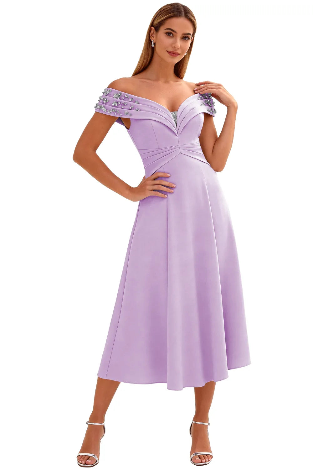 Embellished V-Neck Tea-Length Evening Party Gown