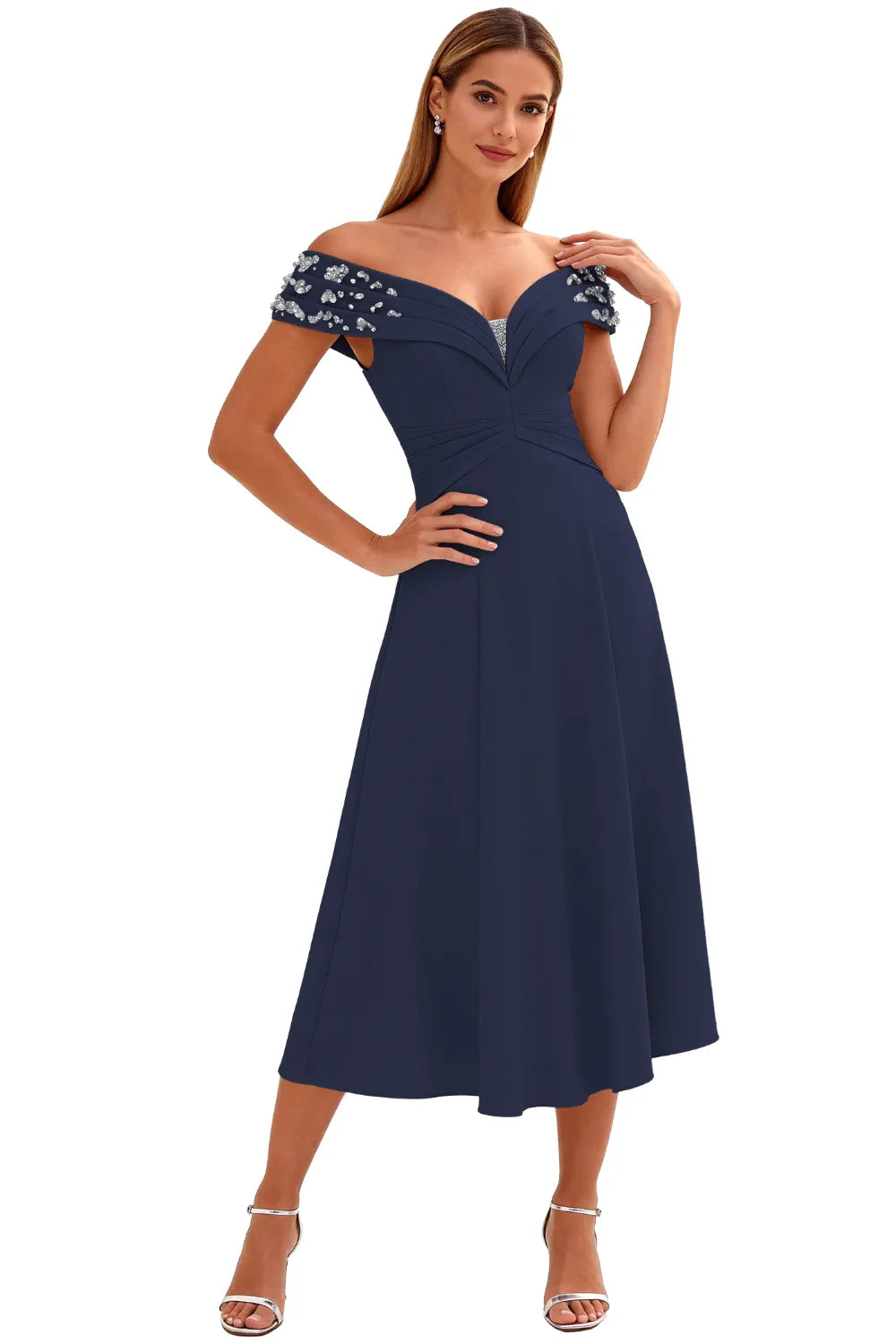 Embellished V-Neck Tea-Length Evening Party Gown