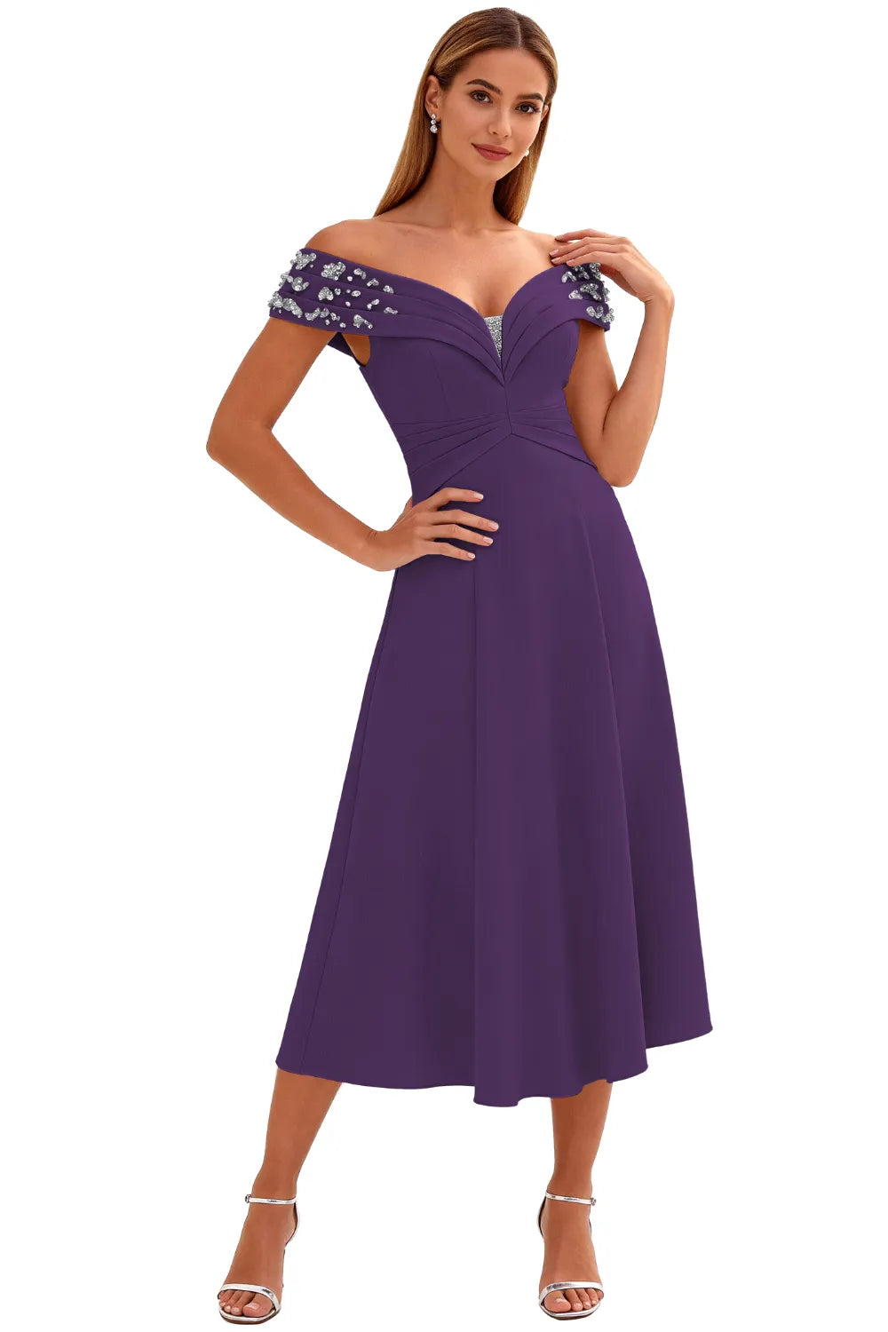 Embellished V-Neck Tea-Length Evening Party Gown