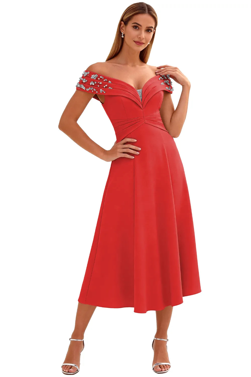 Embellished V-Neck Tea-Length Evening Party Gown