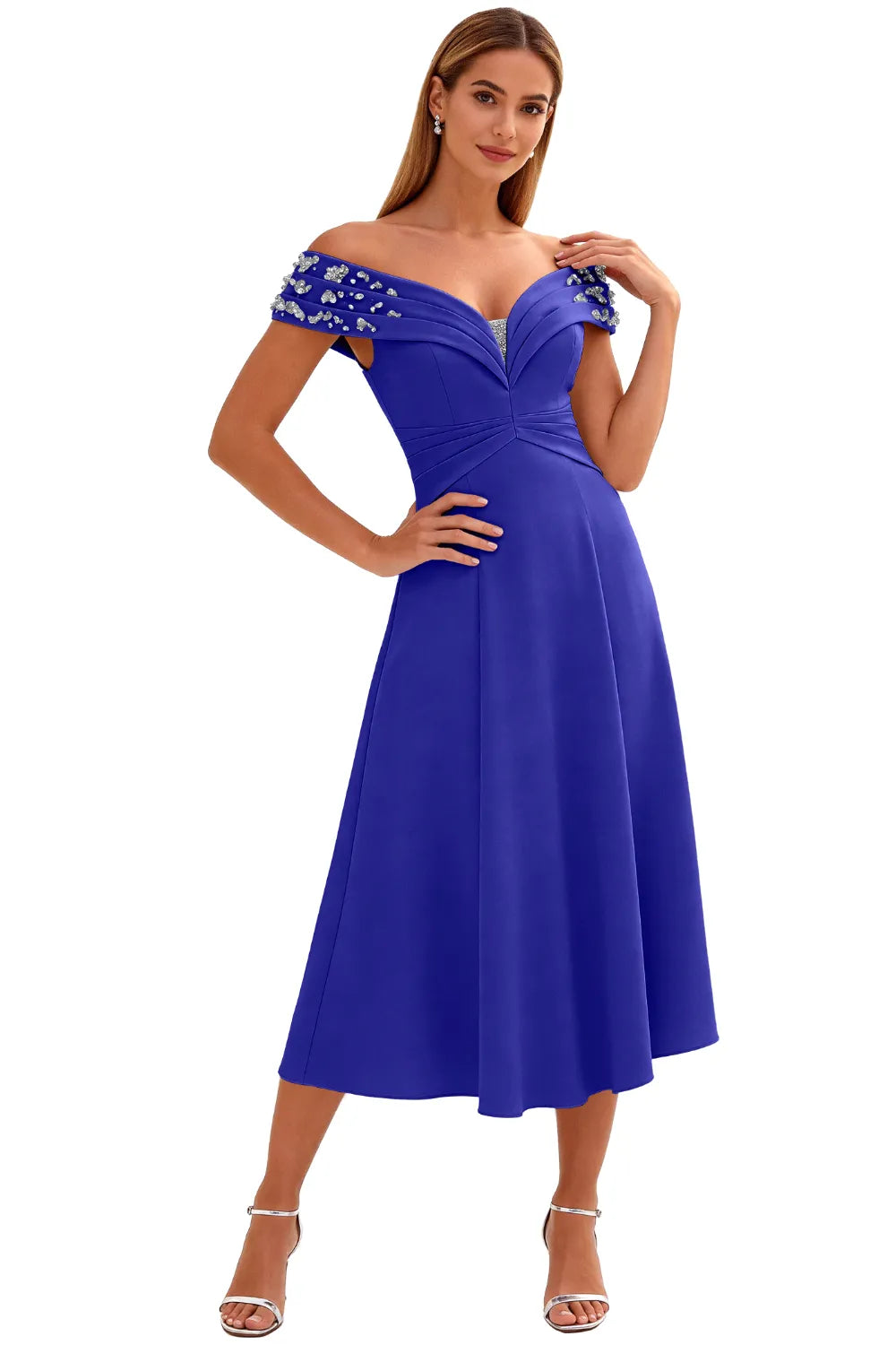 Embellished V-Neck Tea-Length Evening Party Gown