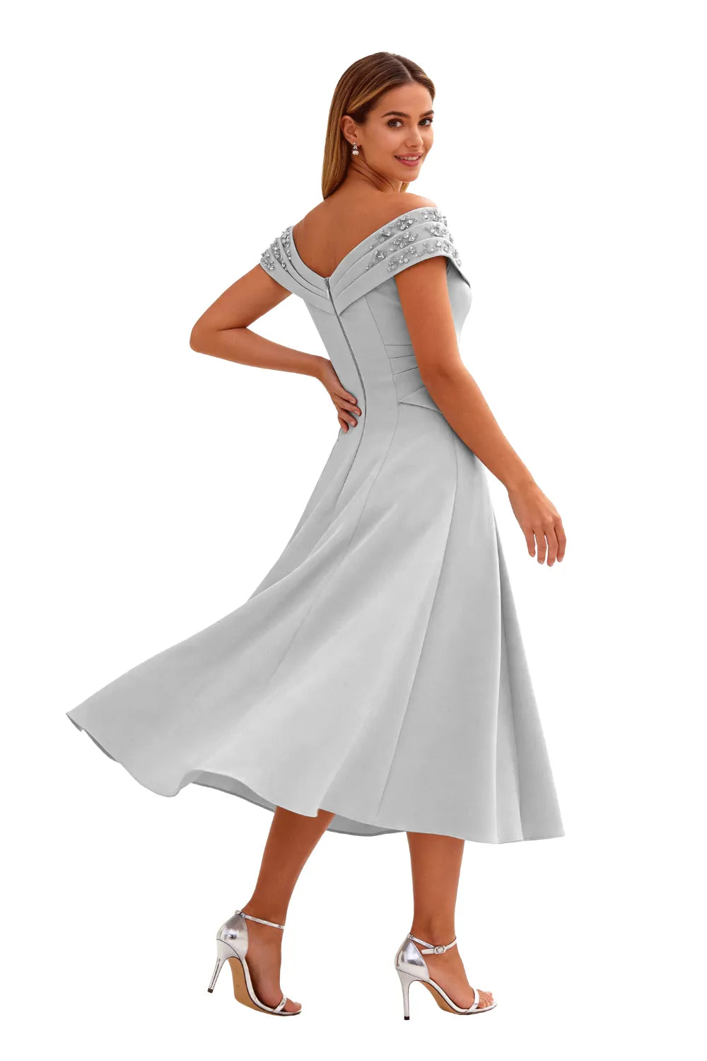 Embellished V-Neck Tea-Length Evening Party Gown