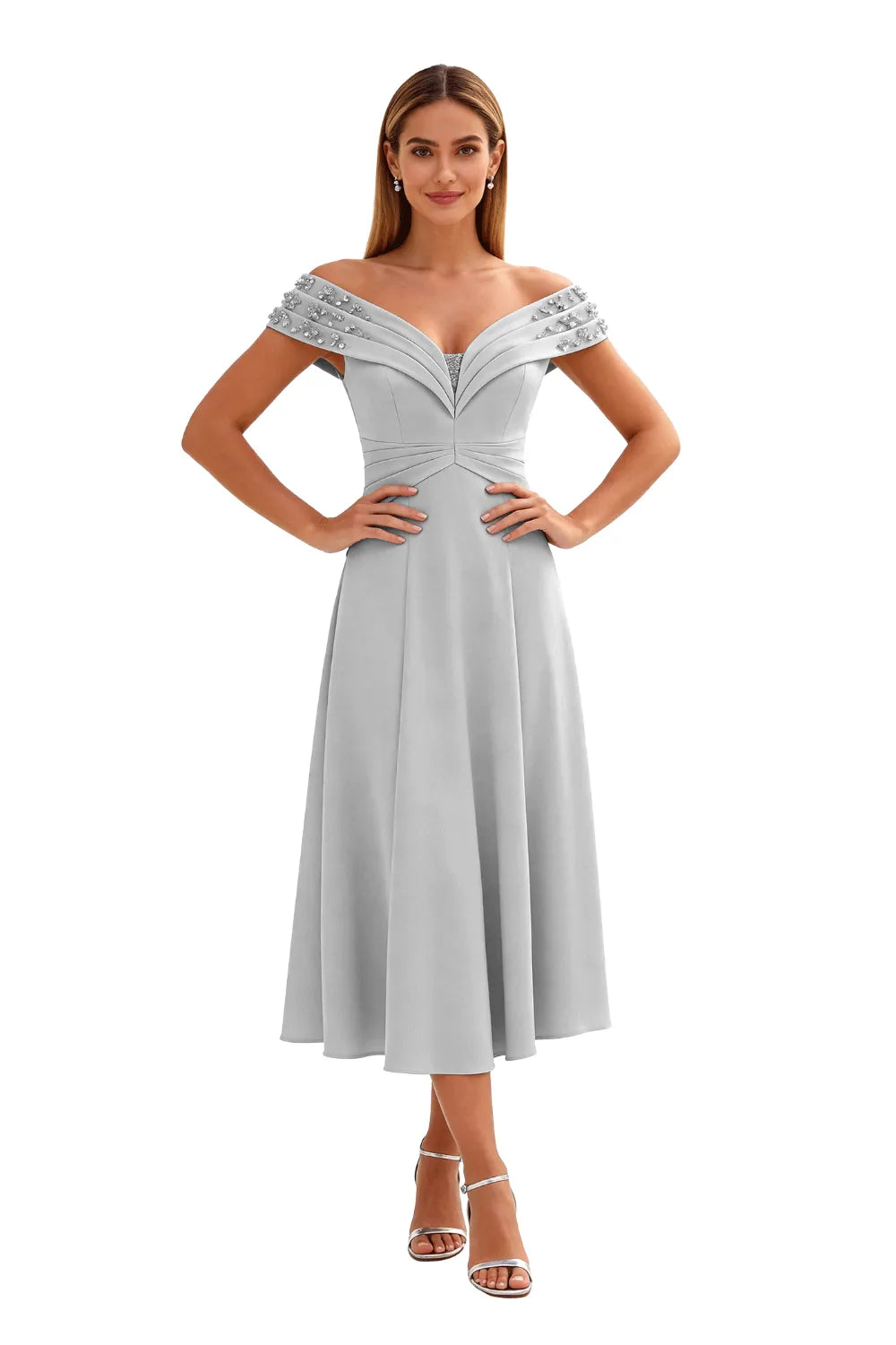 Embellished V-Neck Tea-Length Evening Party Gown