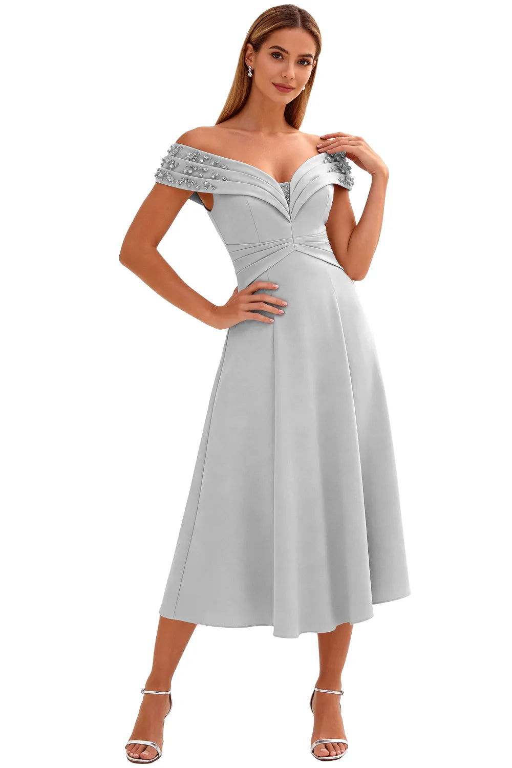 Embellished V-Neck Tea-Length Evening Party Gown