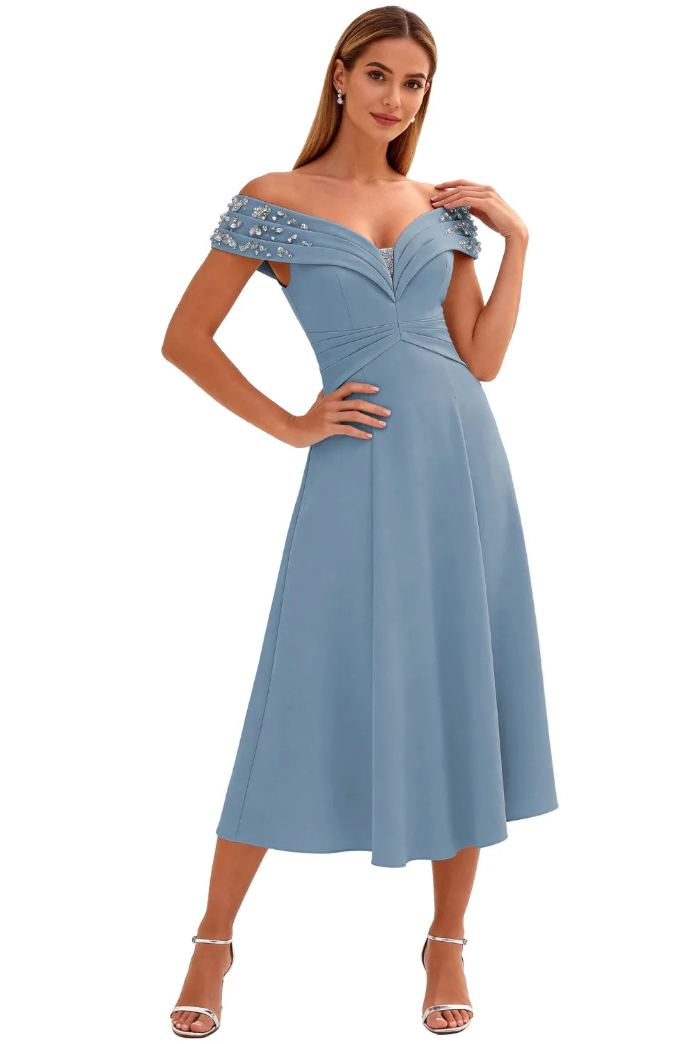 Embellished V-Neck Tea-Length Evening Party Gown