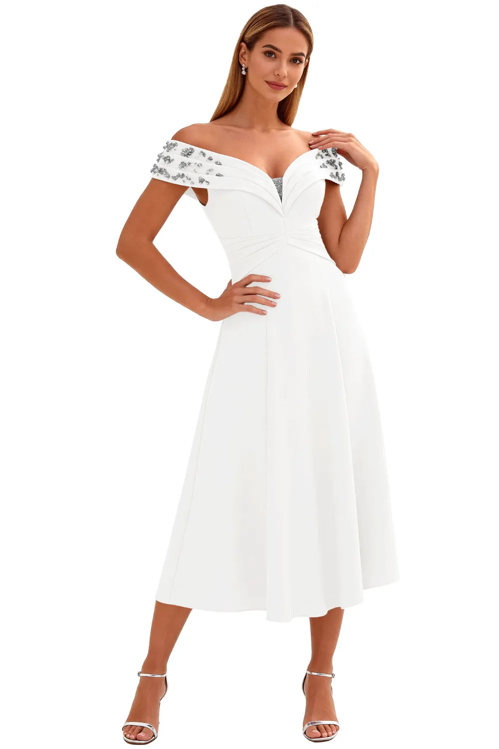 Embellished V-Neck Tea-Length Evening Party Gown