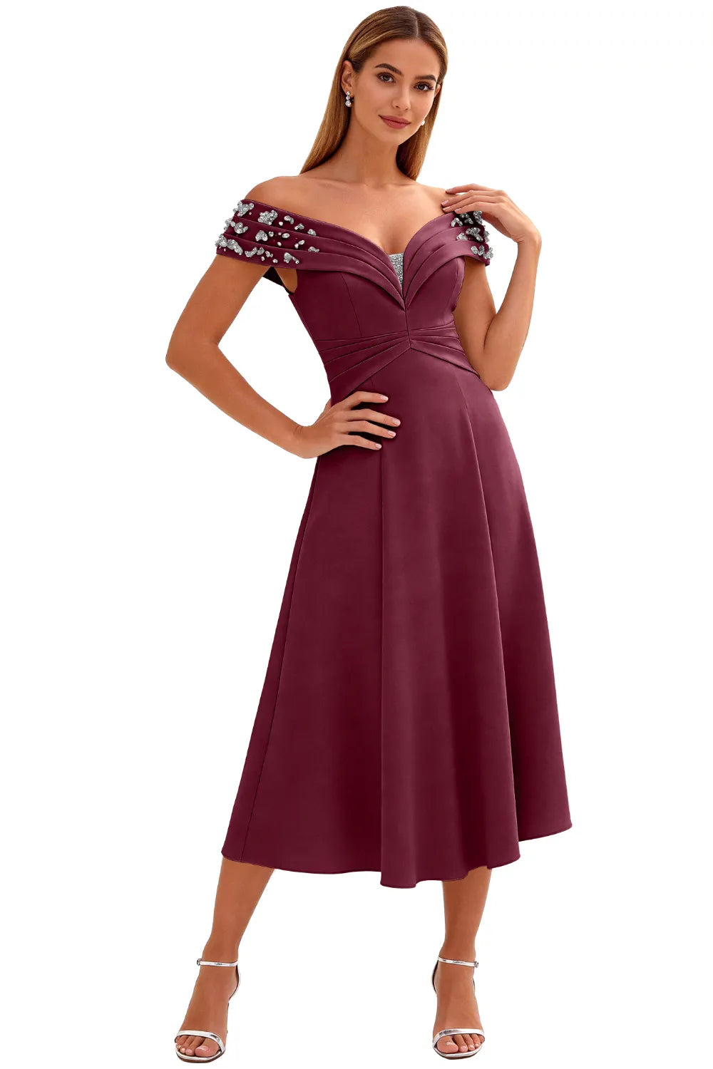 Embellished V-Neck Tea-Length Evening Party Gown
