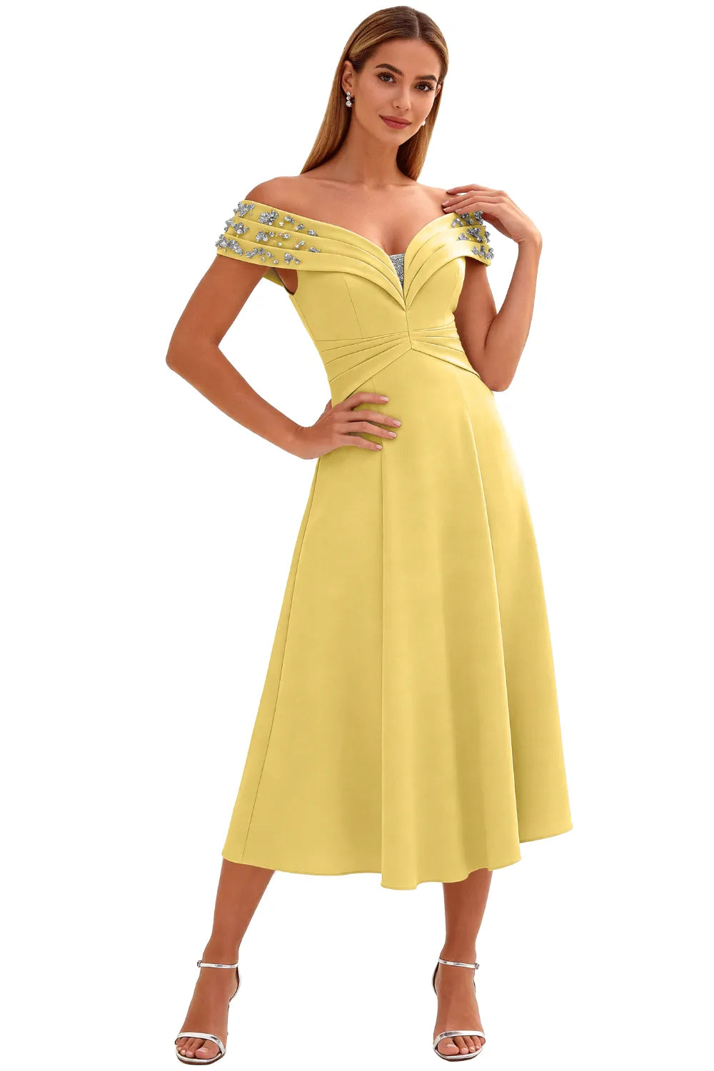 Embellished V-Neck Tea-Length Evening Party Gown