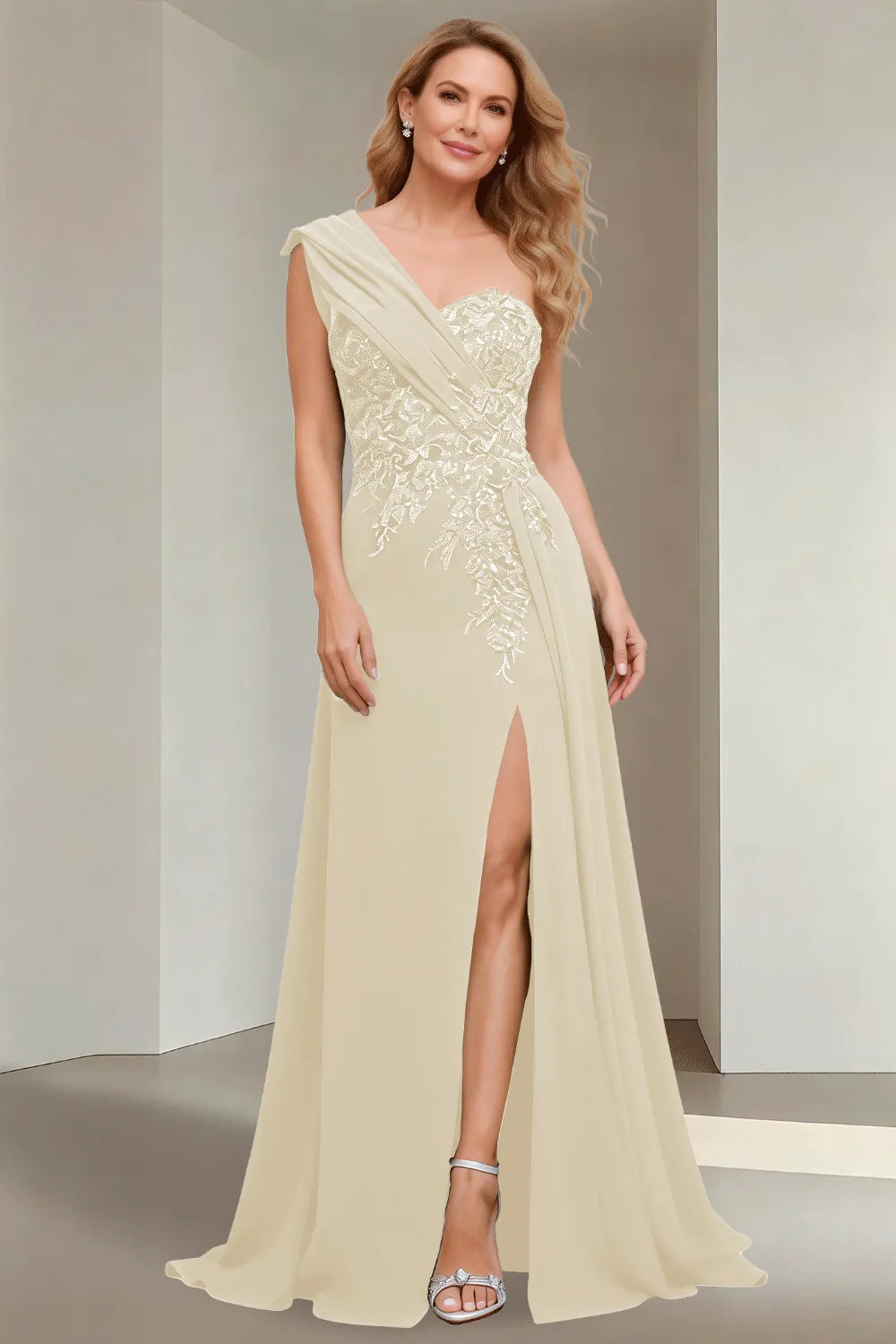 Elegant One Shoulder Lace Bodice Maxi Dress