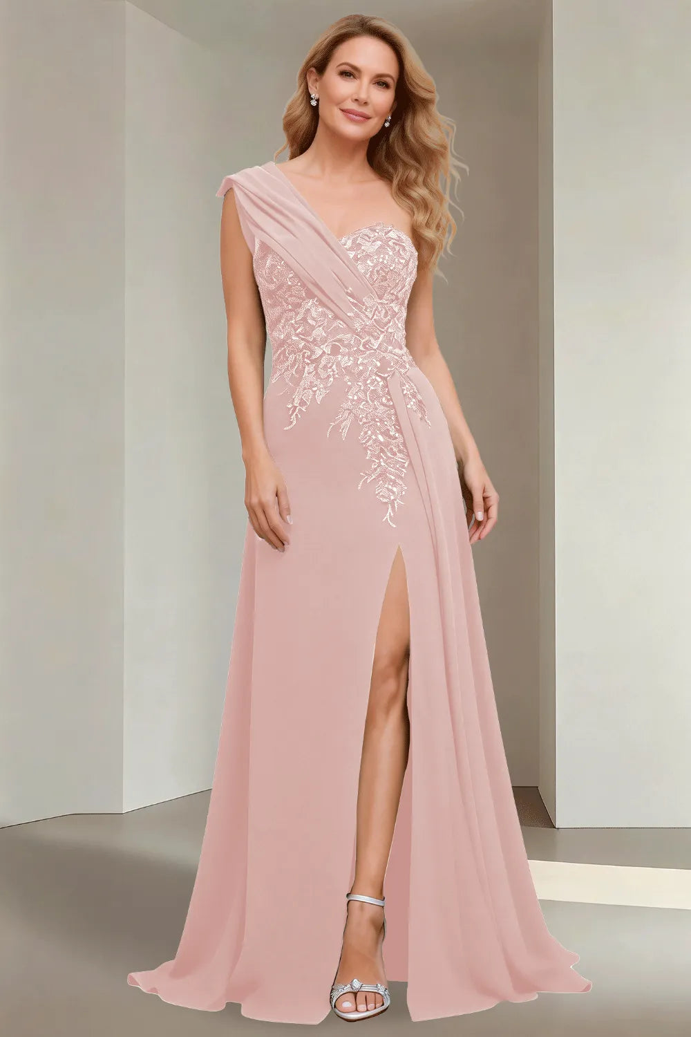 Elegant One Shoulder Lace Bodice Maxi Dress