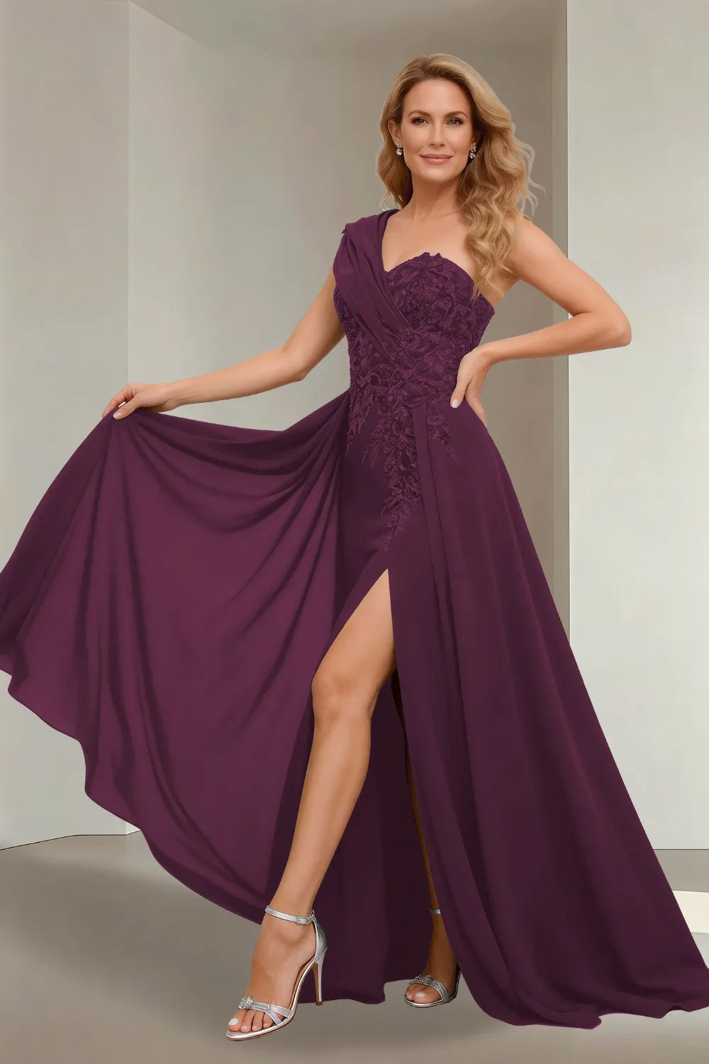 Elegant One Shoulder Lace Bodice Maxi Dress