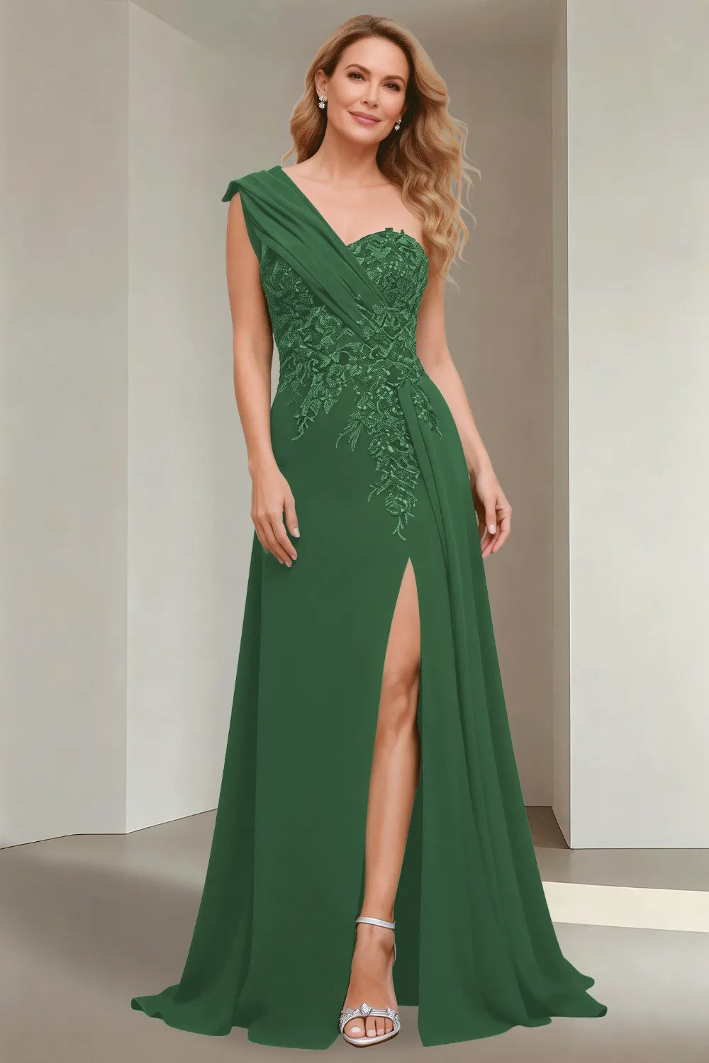 Elegant One Shoulder Lace Bodice Maxi Dress