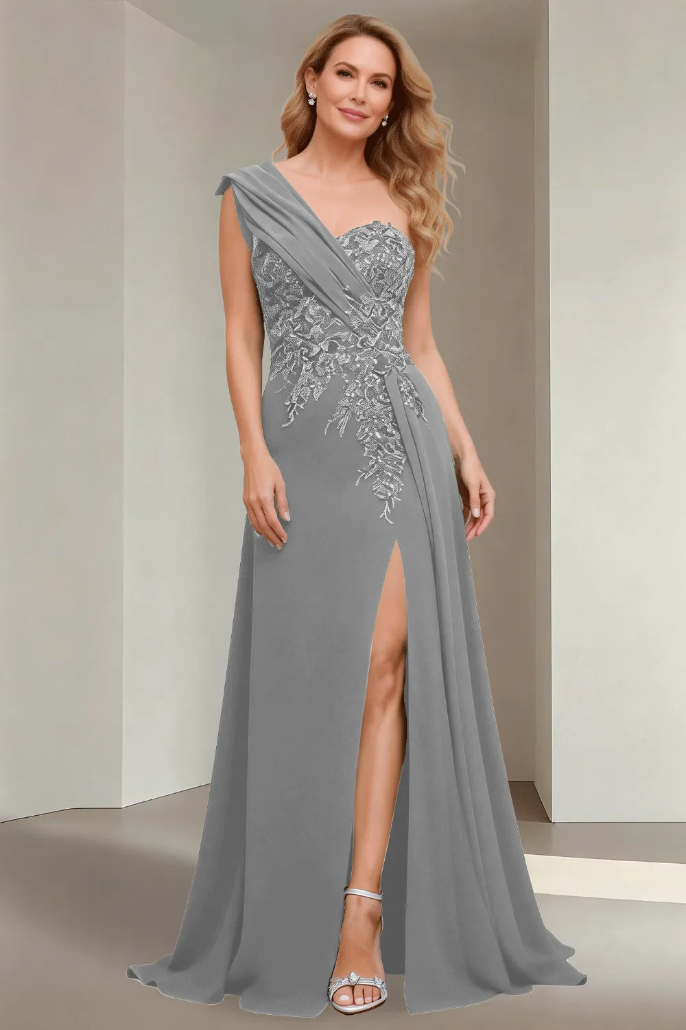 Elegant One Shoulder Lace Bodice Maxi Dress