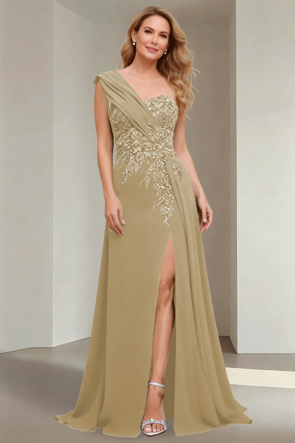 Elegant One Shoulder Lace Bodice Maxi Dress