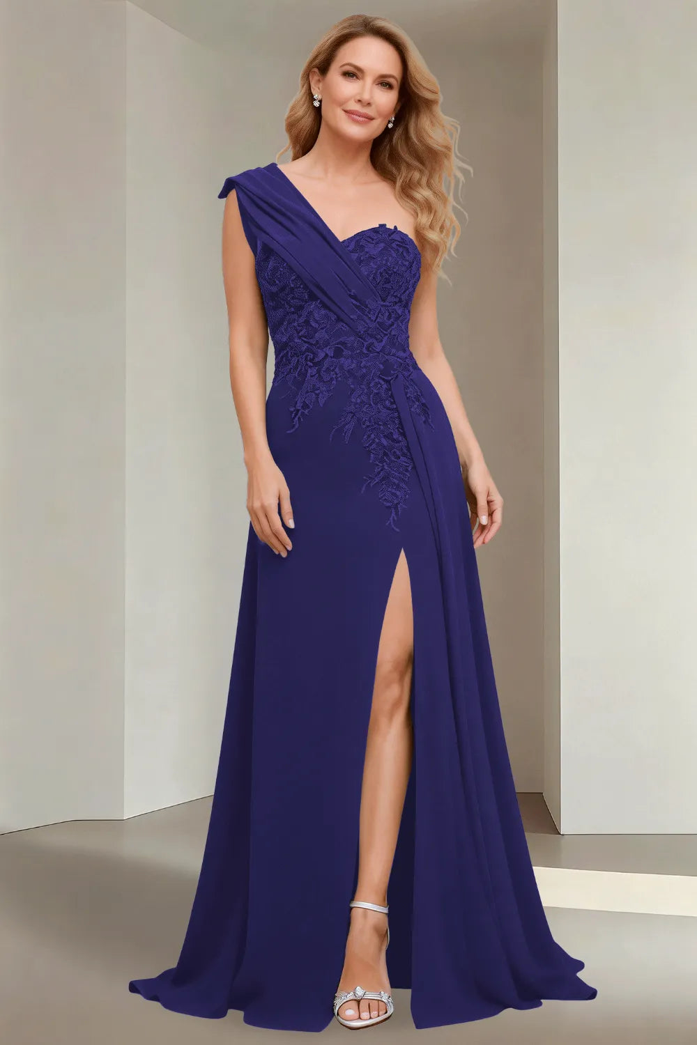 Elegant One Shoulder Lace Bodice Maxi Dress