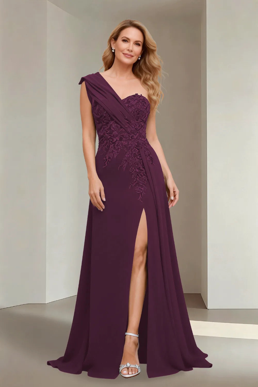 Elegant One Shoulder Lace Bodice Maxi Dress