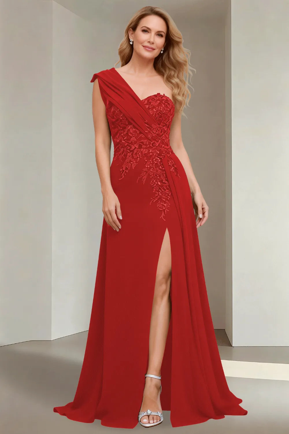 Elegant One Shoulder Lace Bodice Maxi Dress