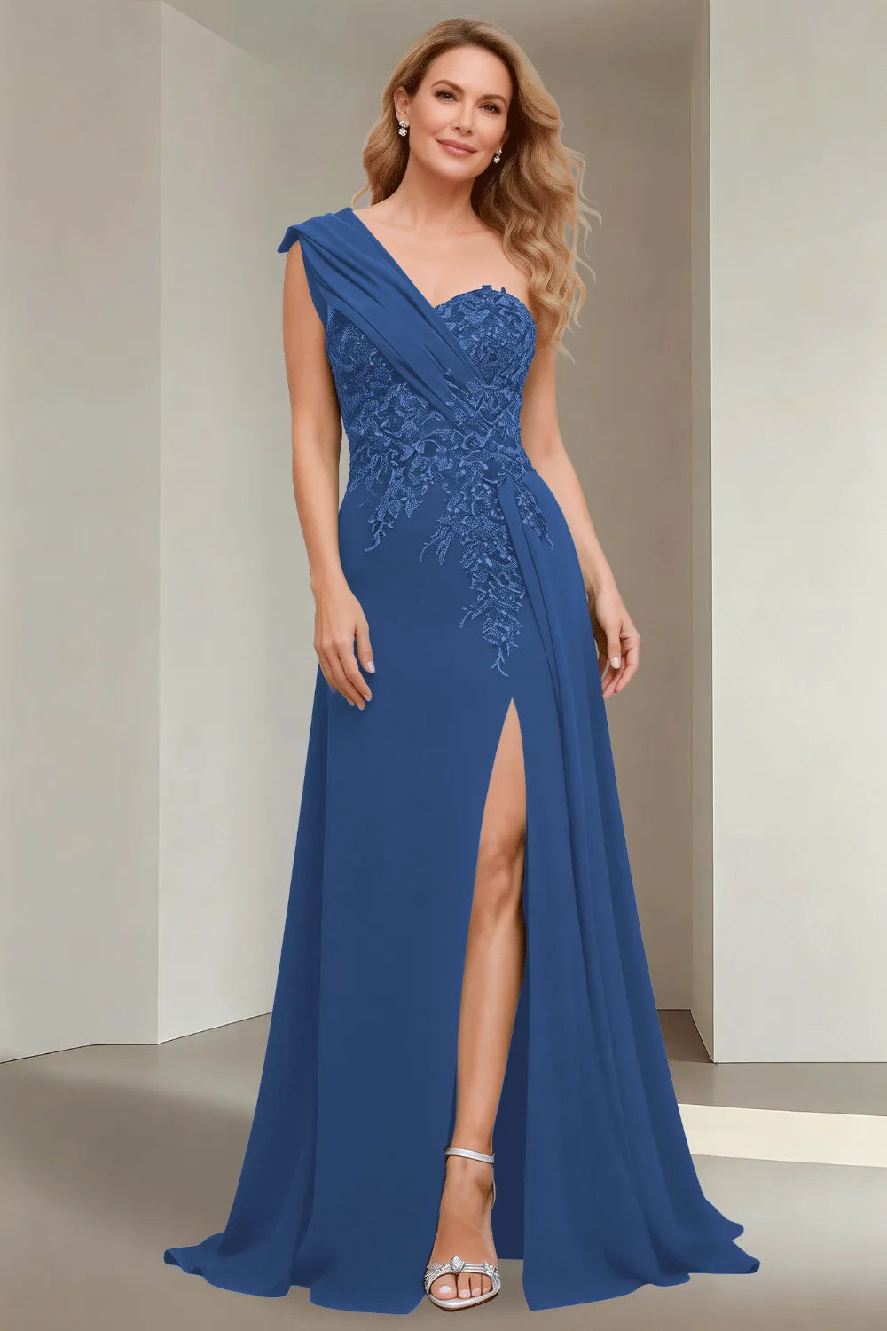 Elegant One Shoulder Lace Bodice Maxi Dress