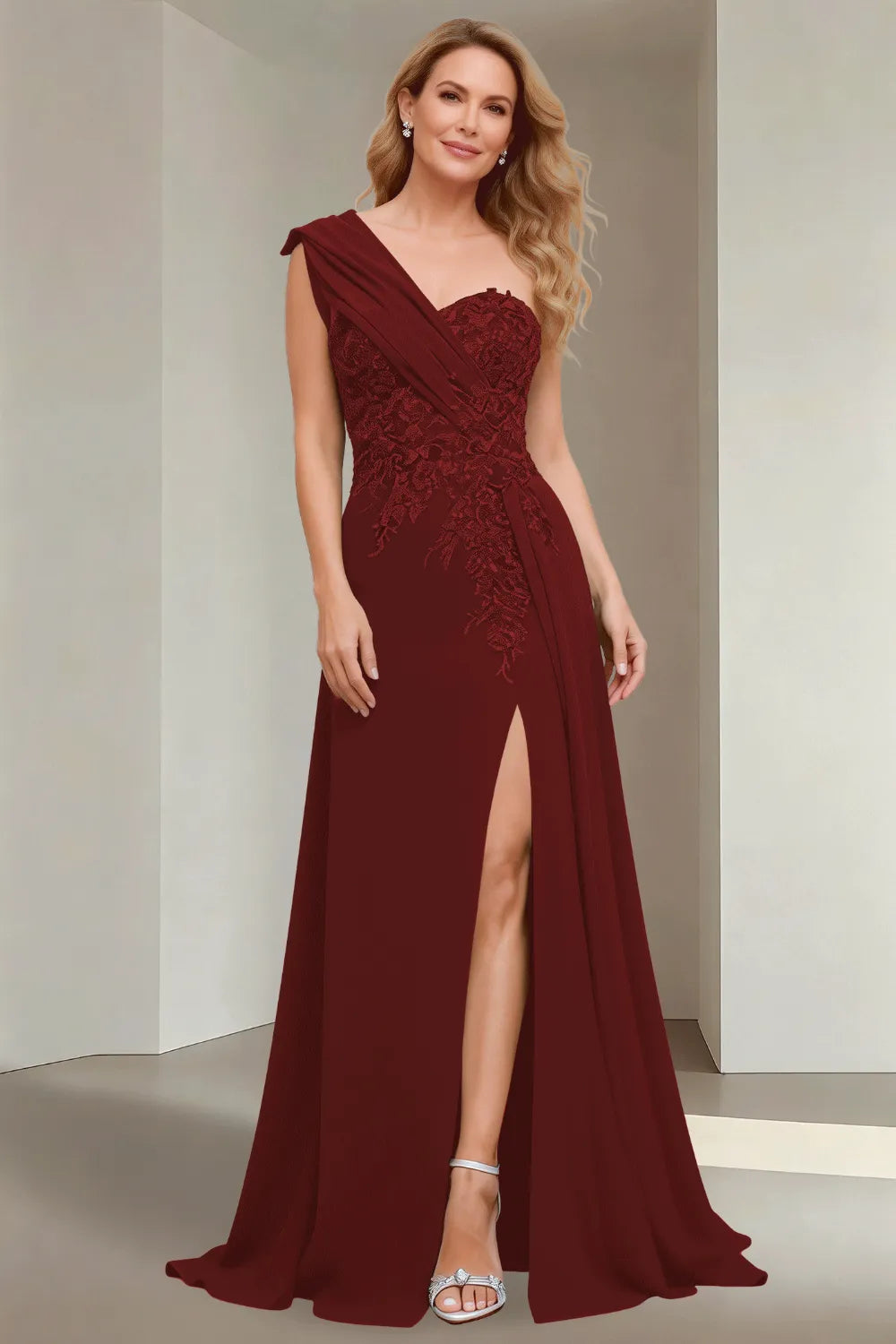 Elegant One Shoulder Lace Bodice Maxi Dress